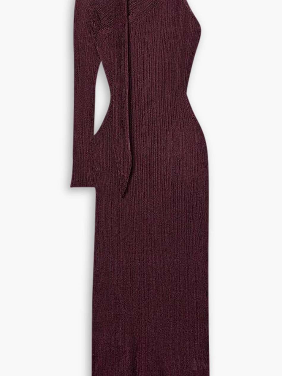 one-sleeve tie-detailed metallic plissé-knit maxi dress