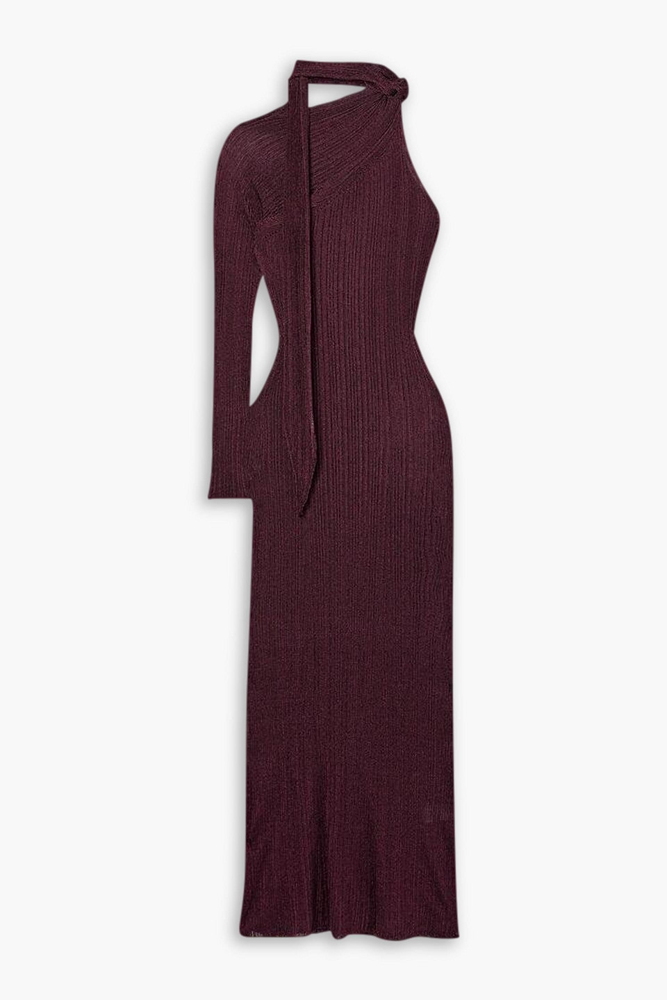 RABANNE ONE-SLEEVE TIE-DETAILED METALLIC PLISSÉ-KNIT MAXI DRESS