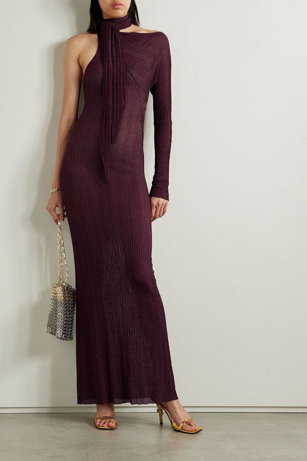 RABANNE One-sleeve tie-detailed metallic plissé-knit maxi dress