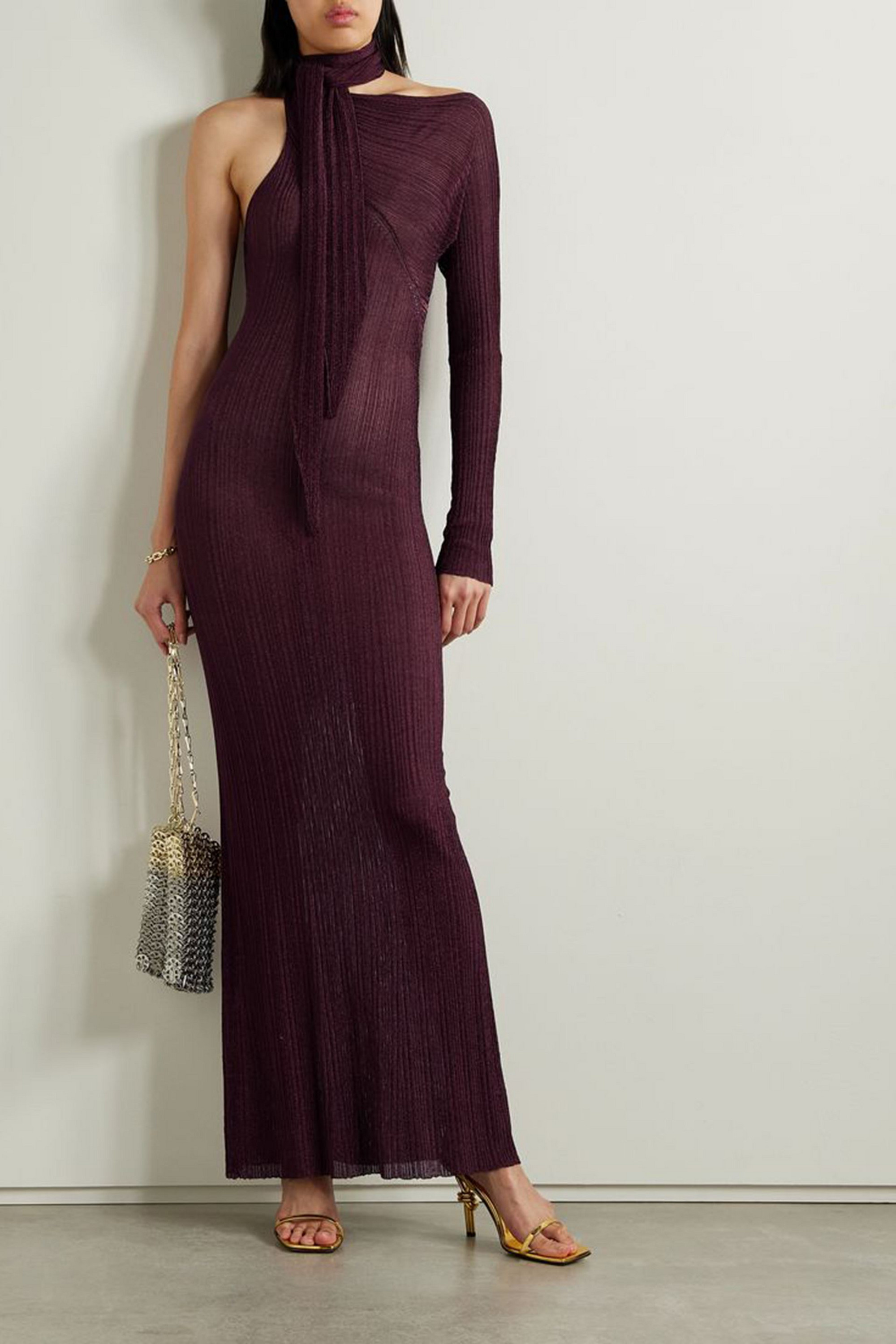 Rabanne One-sleeve tie-detailed metallic plissé-knit maxi dress