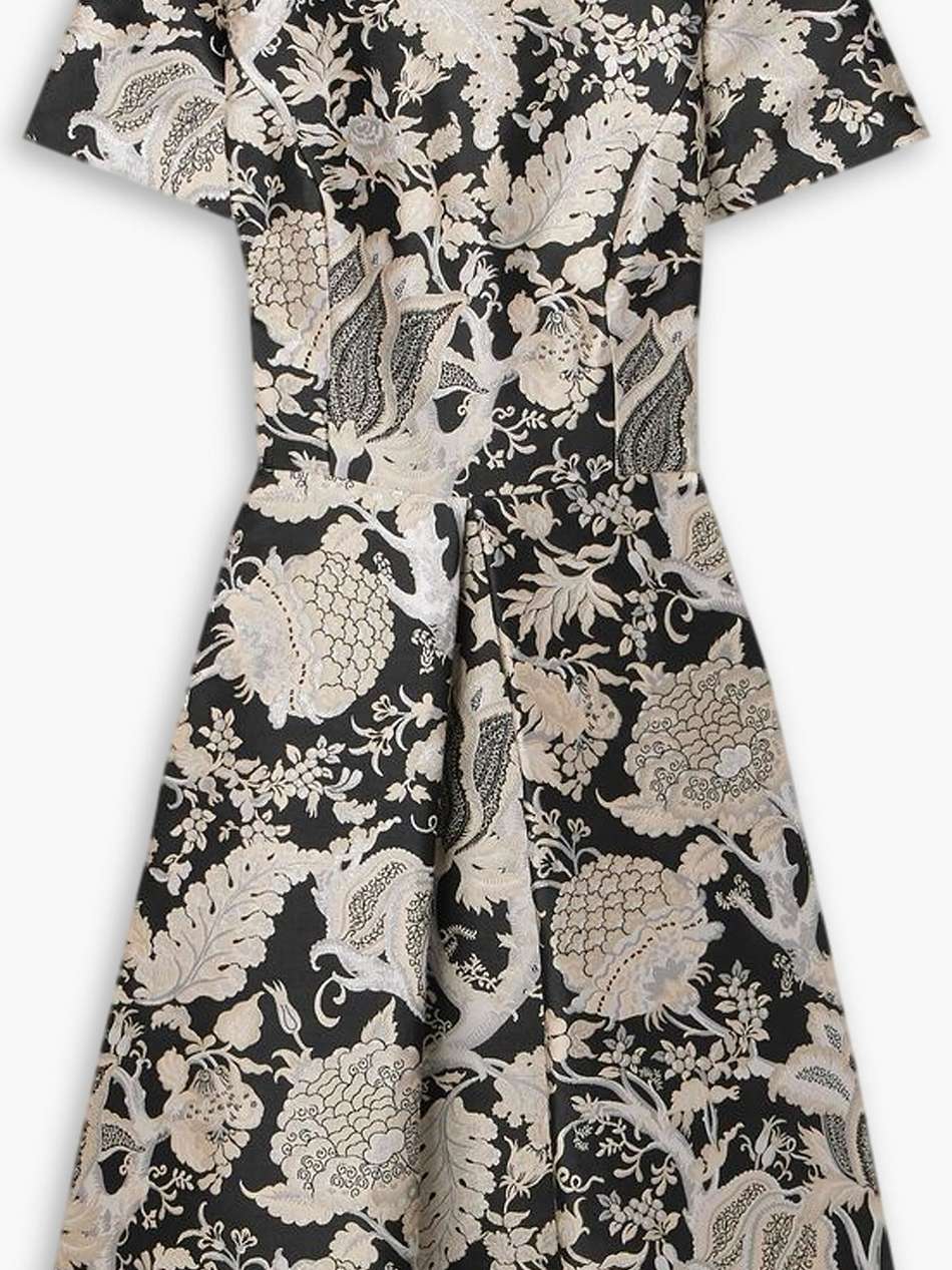 pleated brocade mini dress