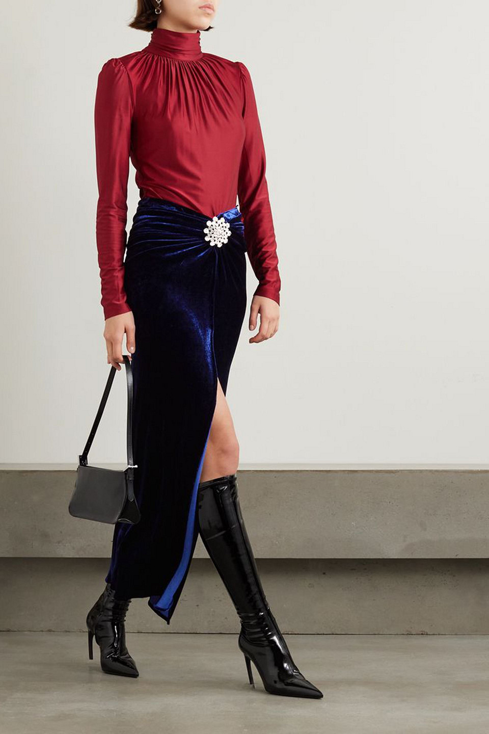 Rabanne Gathered Crystal-embellished Velvet Maxi Skirt In Navy