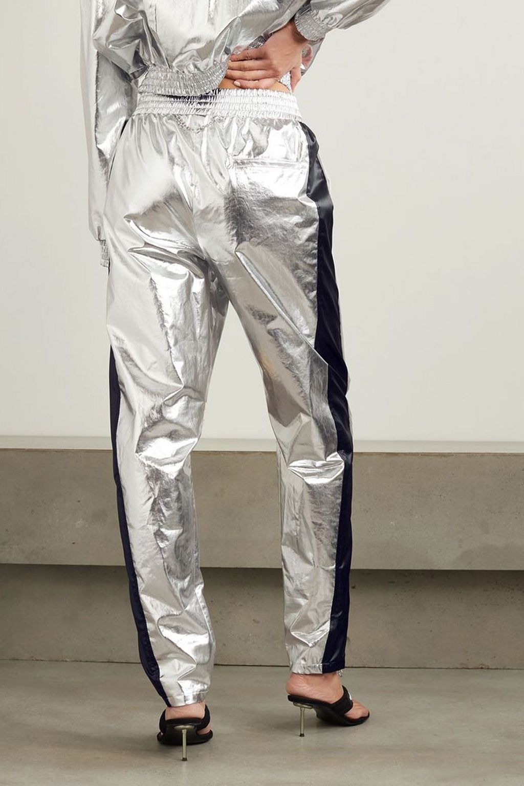 RABANNE Metallic satin-trimmed coated-cotton tapered pants