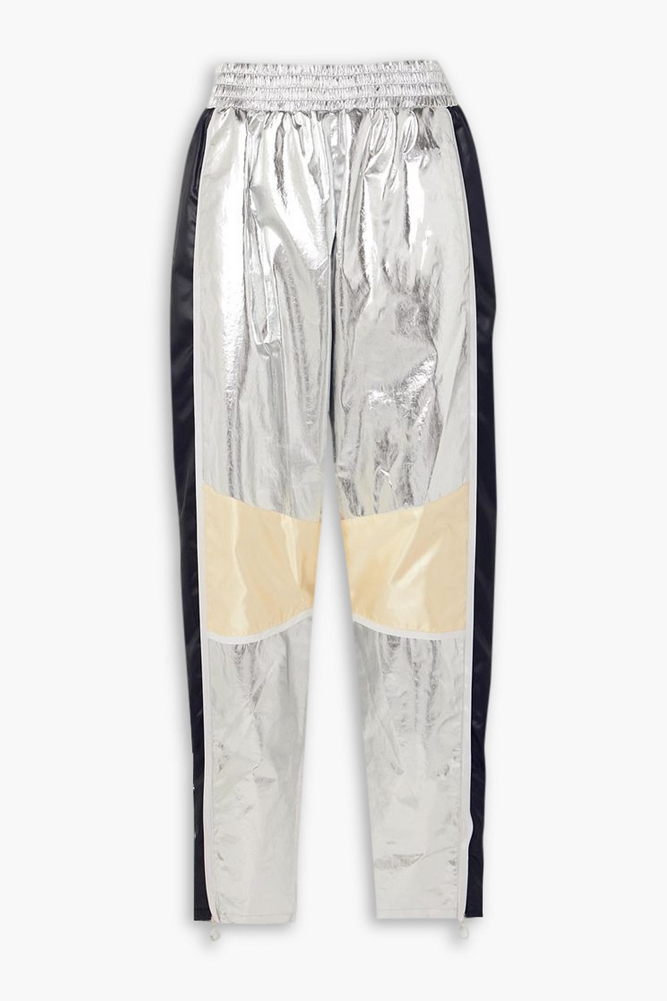 Rabanne Metallic Satin-trimmed Coated-cotton Tapered Pants In Silver