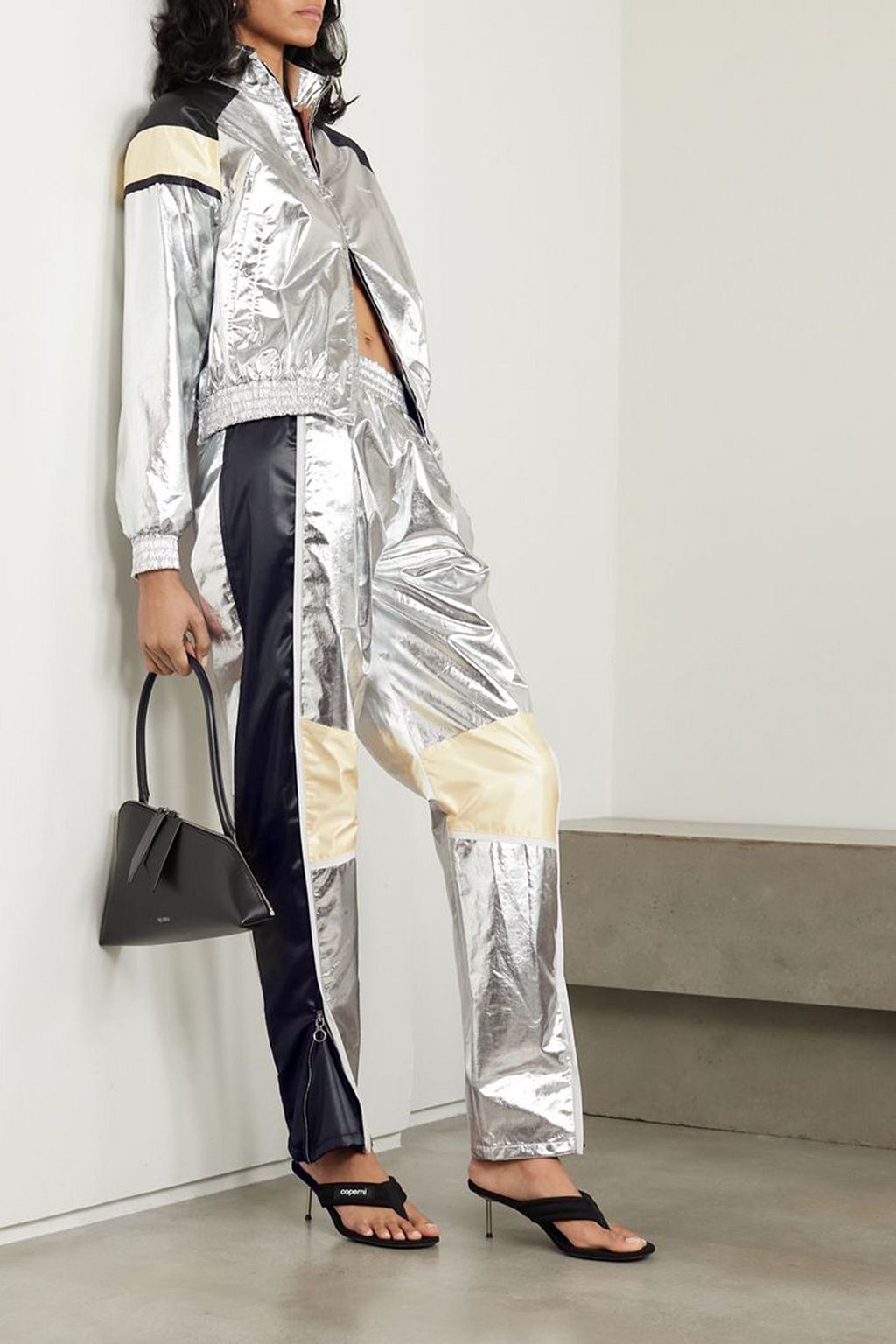 RABANNE Metallic satin-trimmed coated-cotton tapered pants