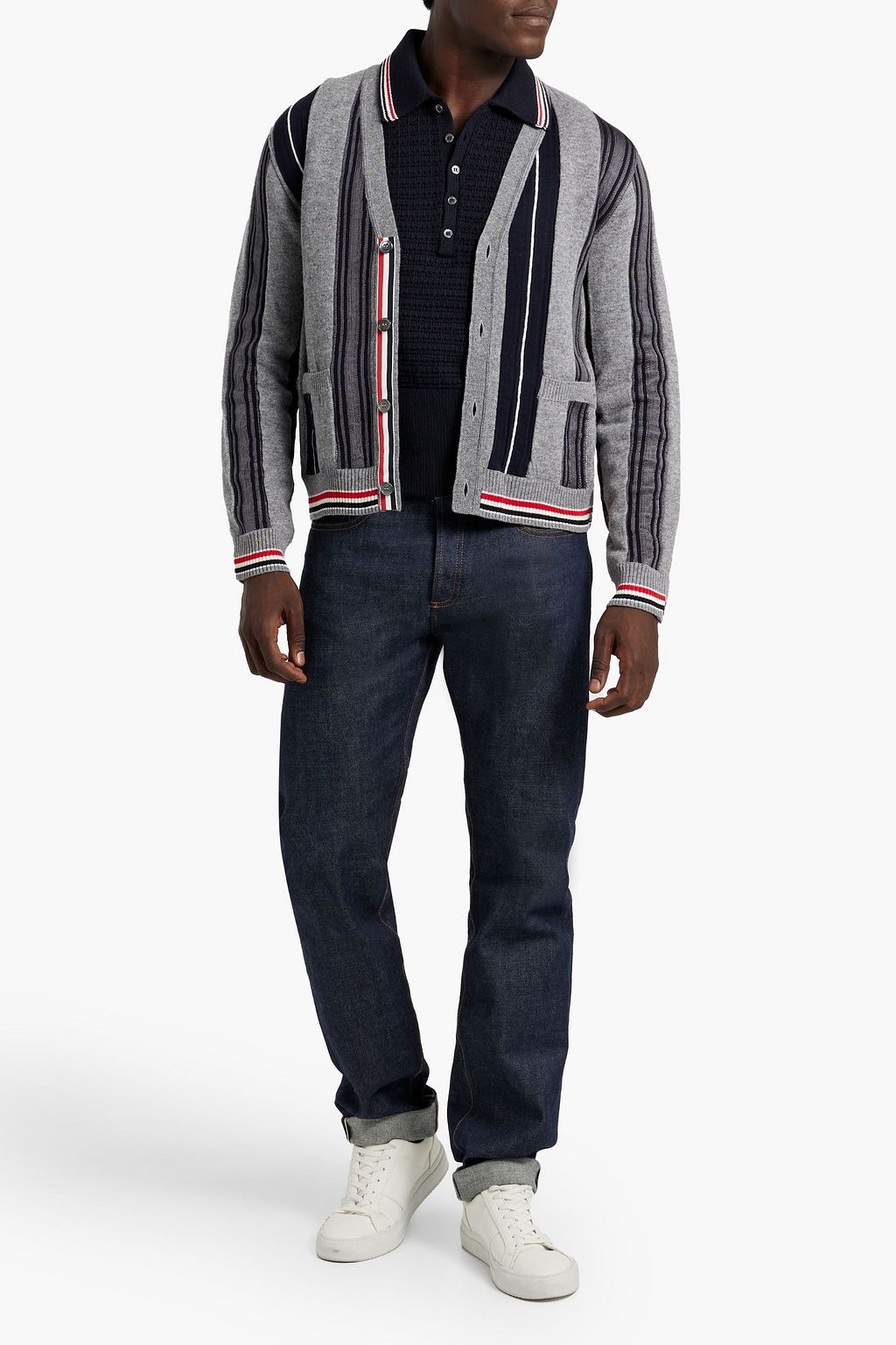 THOM BROWNE Striped wool-blend cardigan