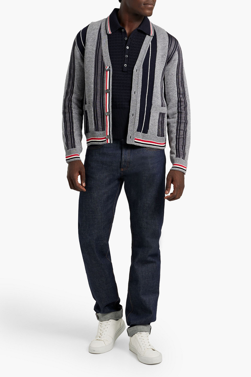 THOM BROWNE STRIPED WOOL-BLEND CARDIGAN