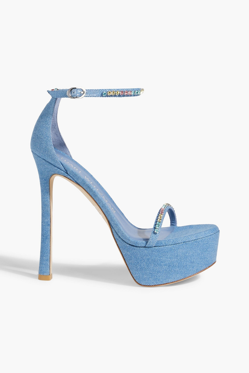 Stuart Weitzman Crystal-embellished Denim Platform Sandals In Light Denim
