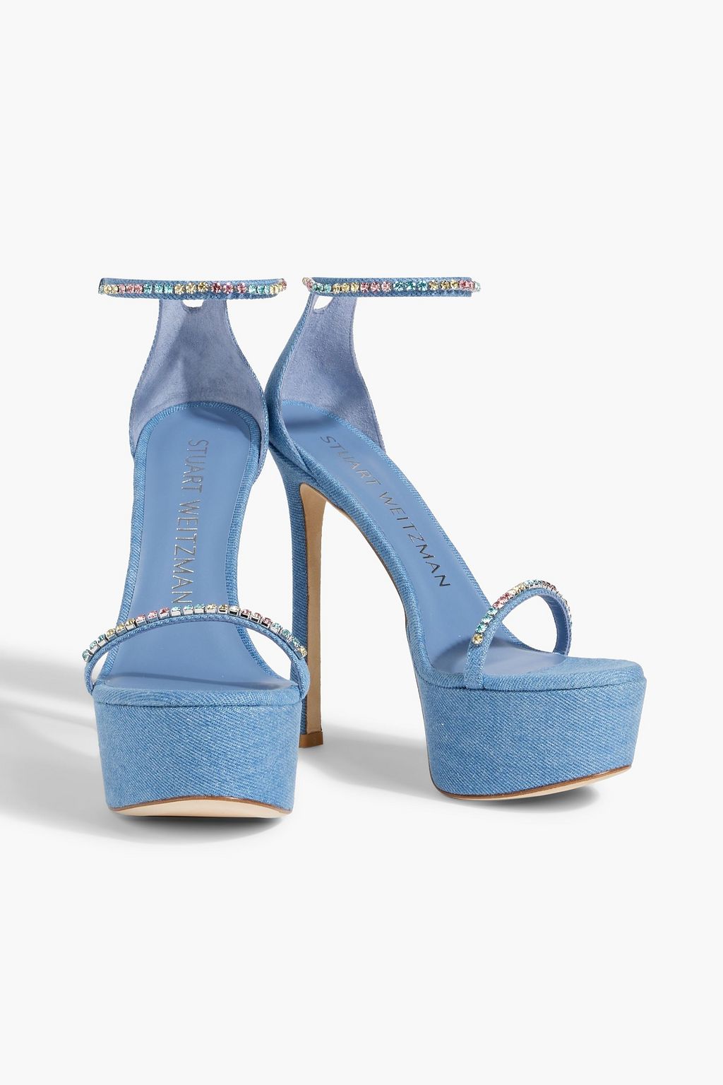 STUART WEITZMAN Crystal-embellished denim platform sandals