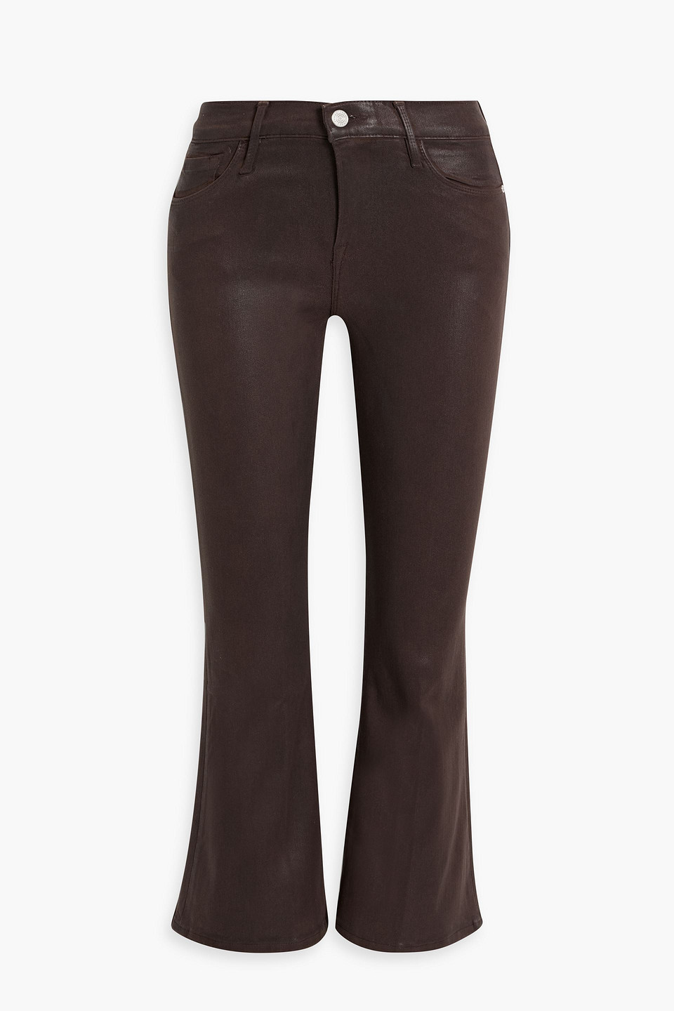 Frame Le Crop Coated High-rise Flared Jeans In Dark Brown