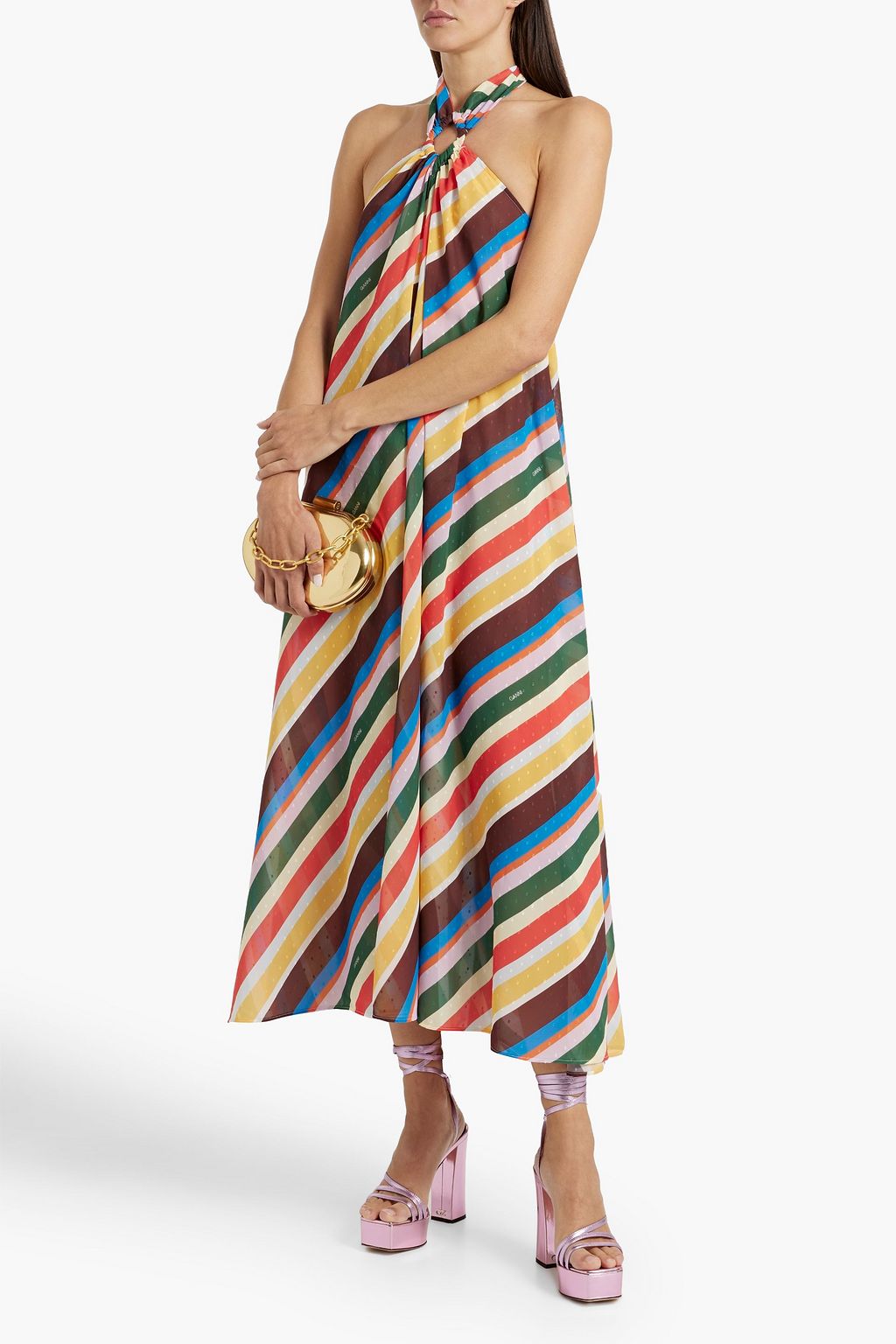 GANNI Ring-embellished striped fil coupé chiffon halterneck midi dress