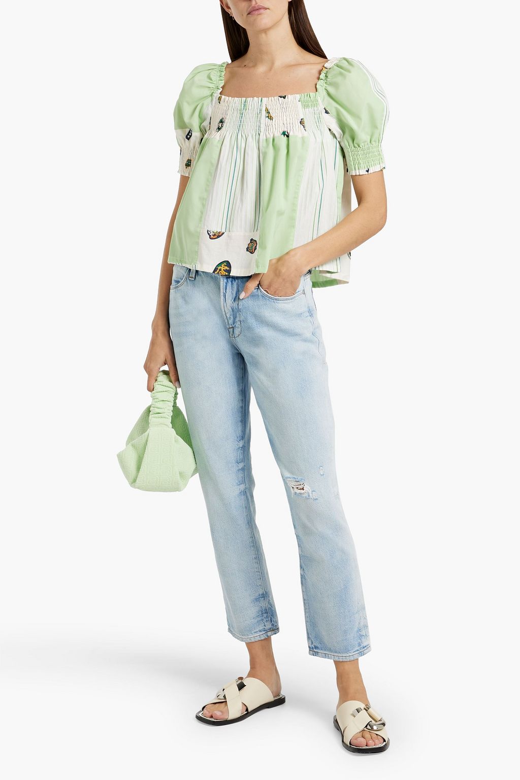 RE/DONE WITH LEVI'S Cropped shirred patchwork cotton top
