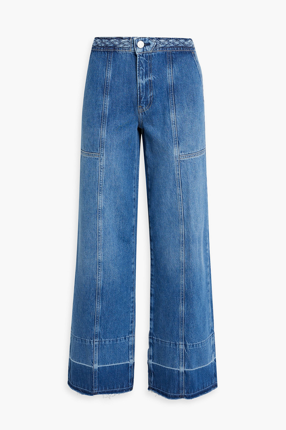 Frame Pixie Braid-trimmed High-rise Wide-leg Jeans In Mid Denim