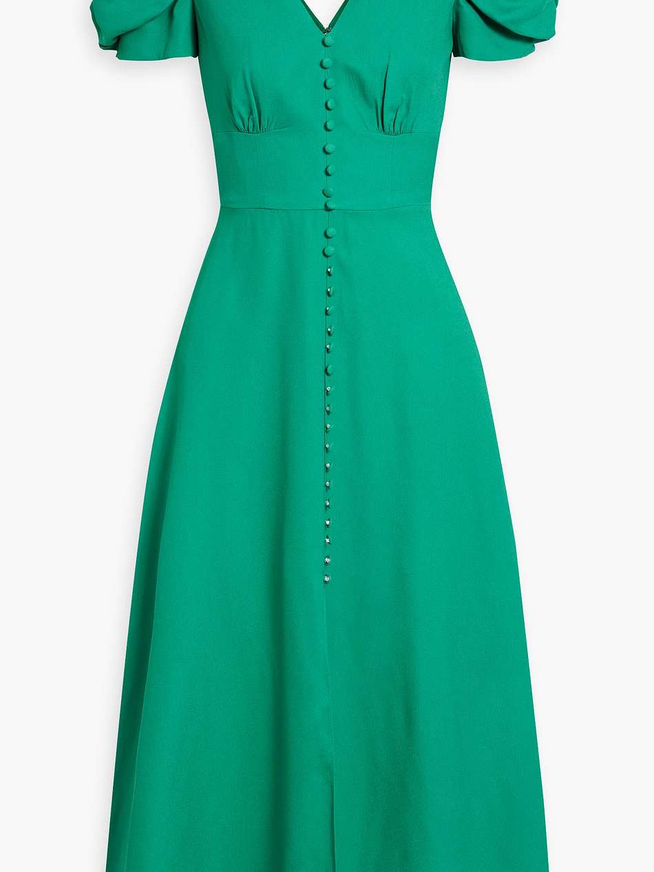 margot ruched crepe midi dress