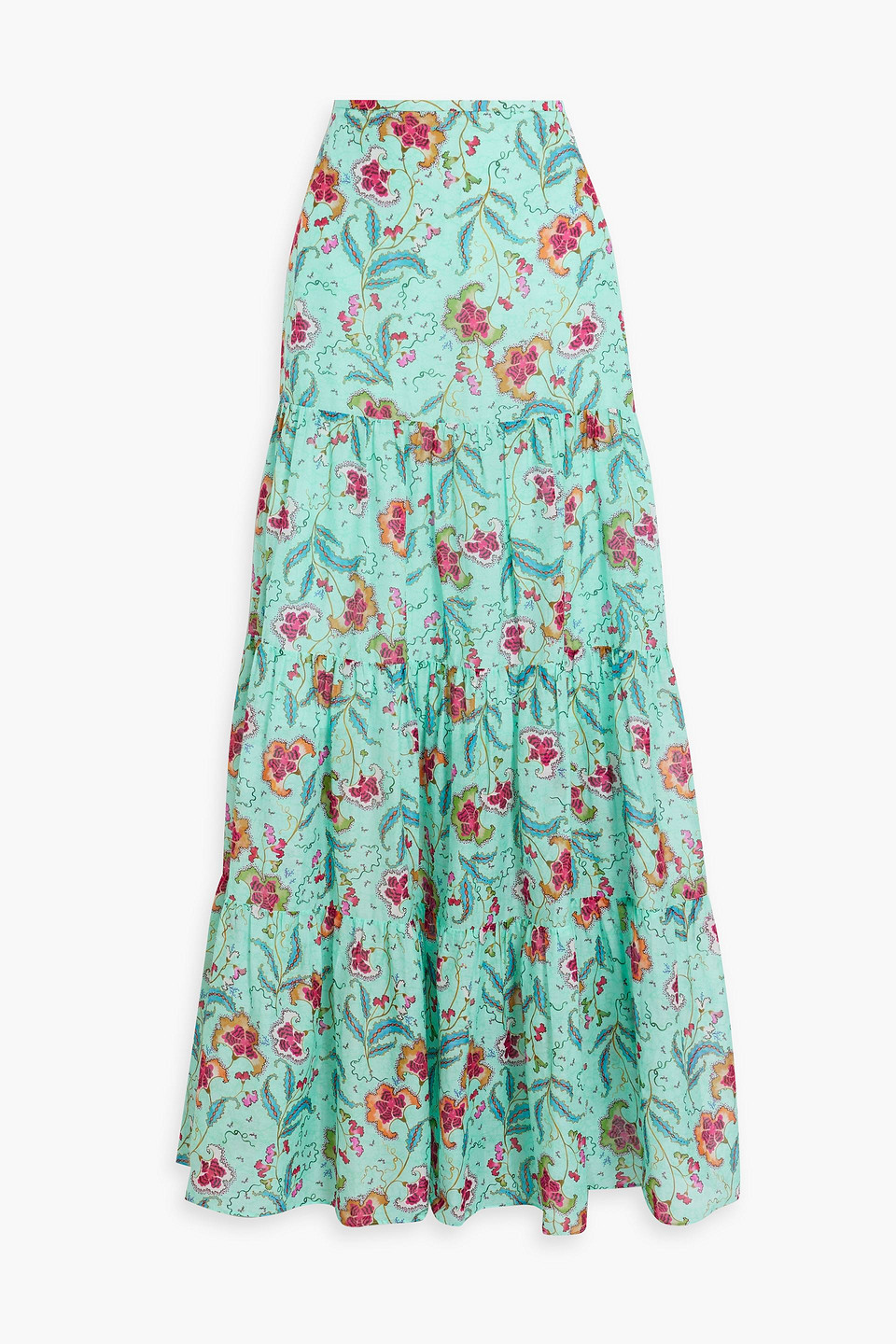 Saloni Isabel Tiered Floral-print Cotton And Silk-blend Maxi Skirt In Turquoise