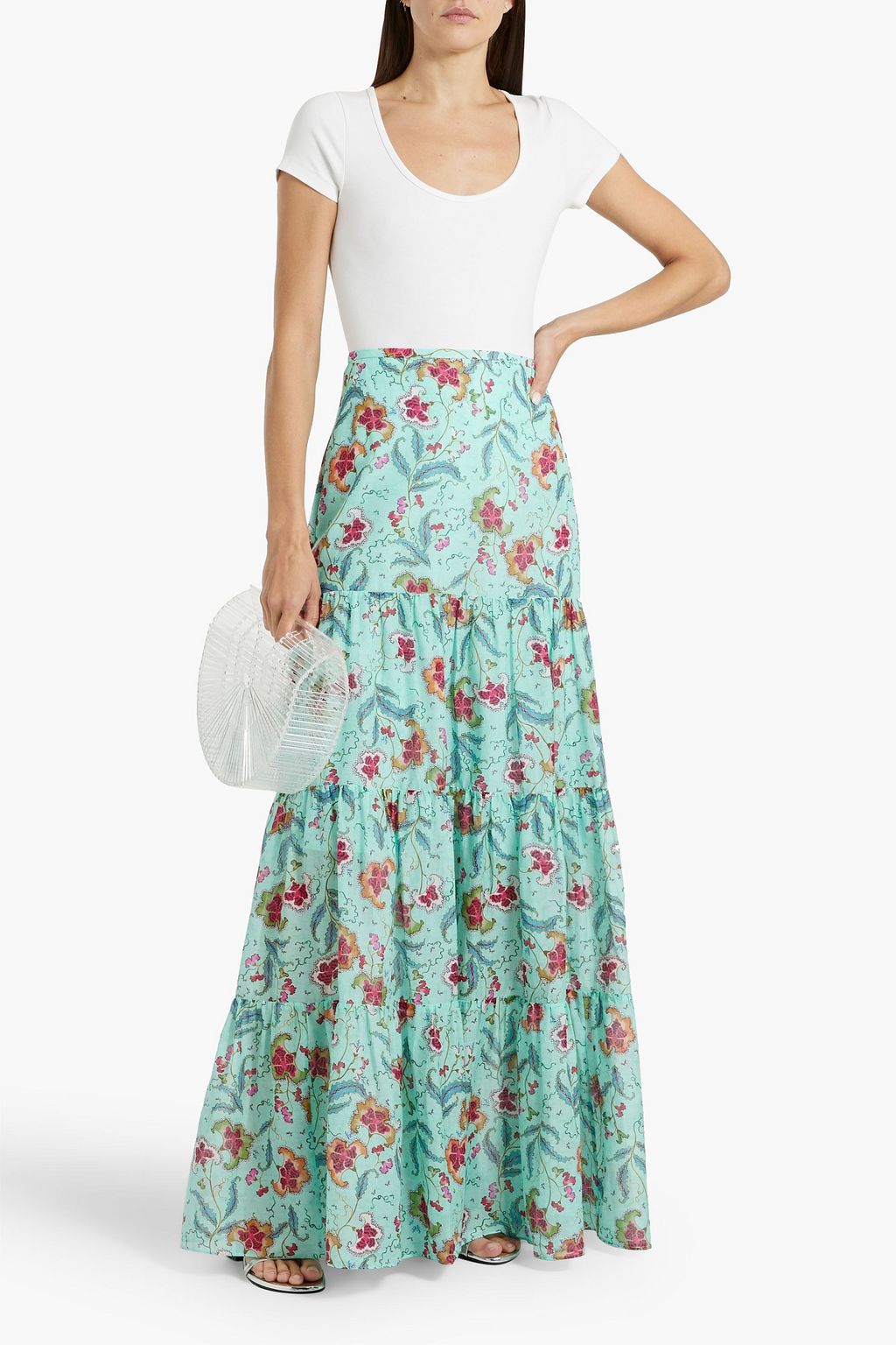 SALONI Isabel tiered floral-print cotton and silk-blend maxi skirt