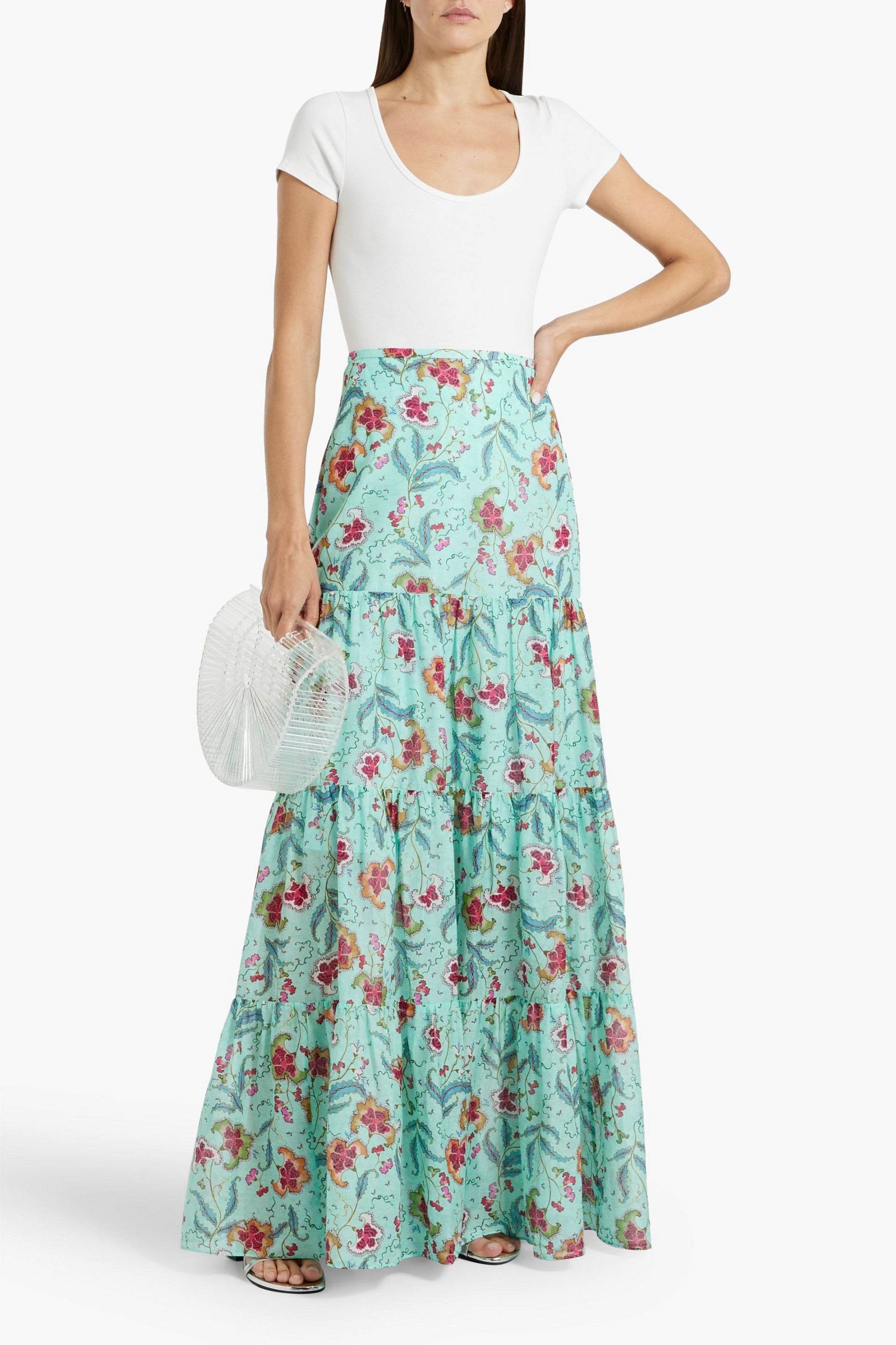 Saloni Isabel tiered floral-print cotton and silk-blend maxi skirt