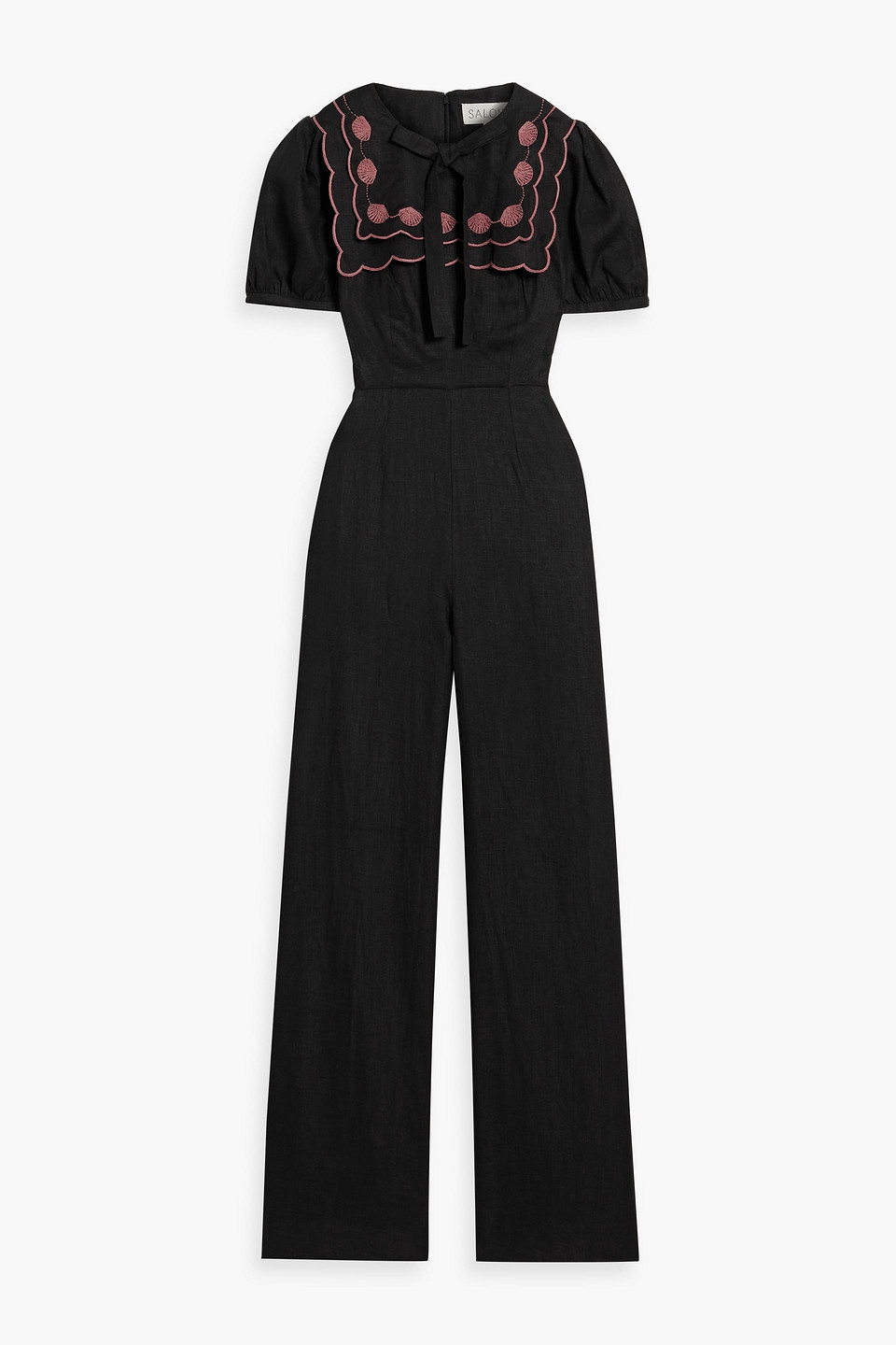 Saloni Marlowe Embroidered Linen Wide-leg Jumpsuit In Black