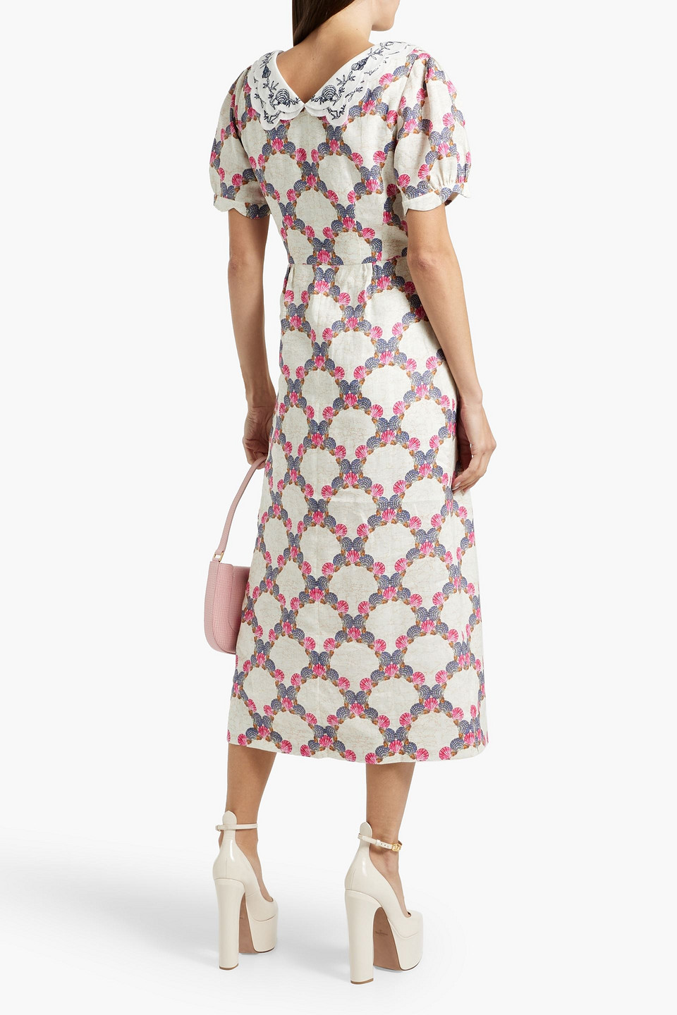 Shop Saloni Blanca Embroidered Printed Linen Midi Dress In Ecru