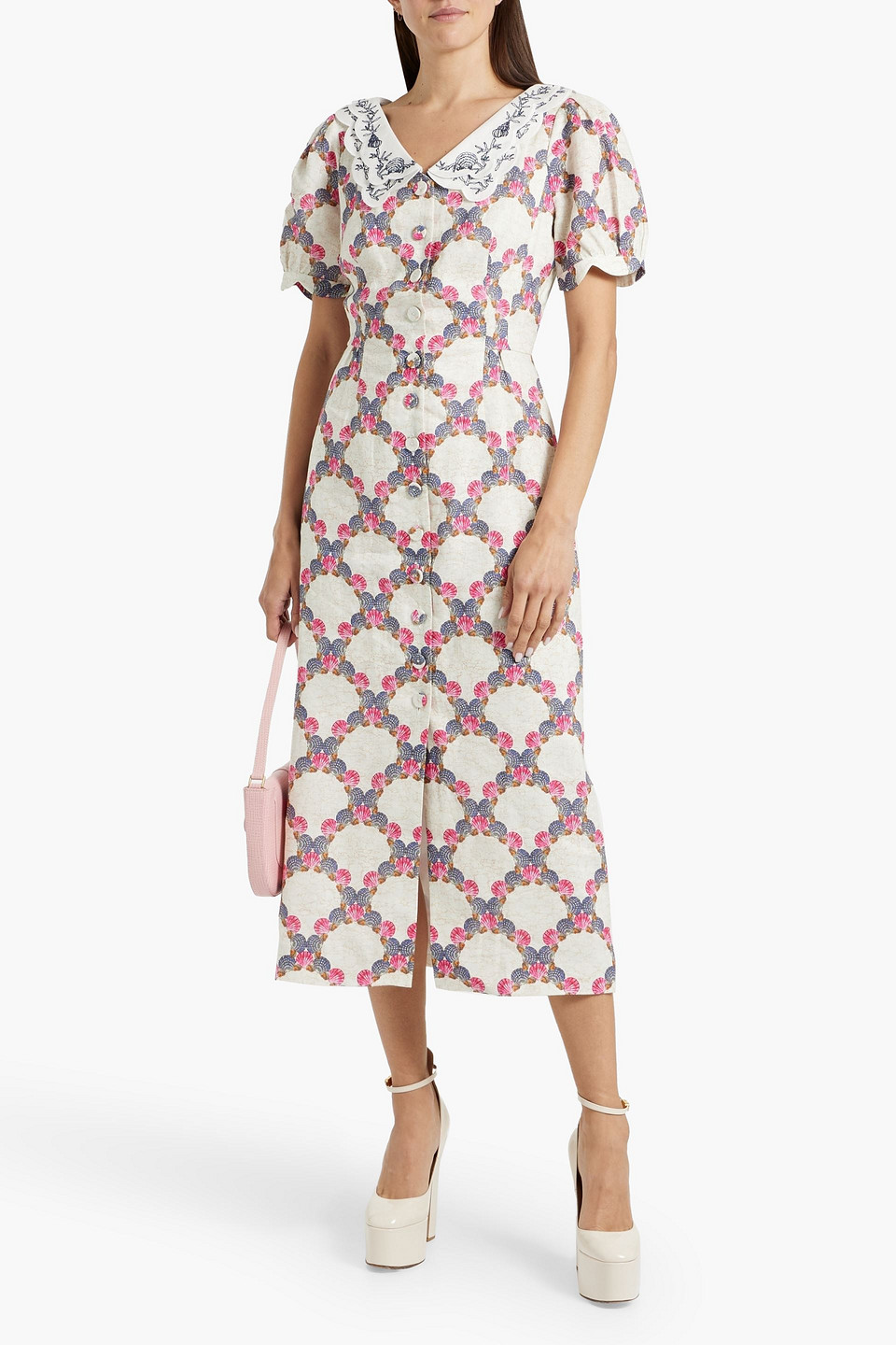 Shop Saloni Blanca Embroidered Printed Linen Midi Dress In Ecru