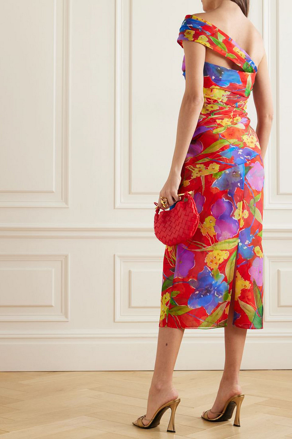 Carolina Herrera One-shoulder Gathered Floral-print Silk-chiffon Midi Dress In Red