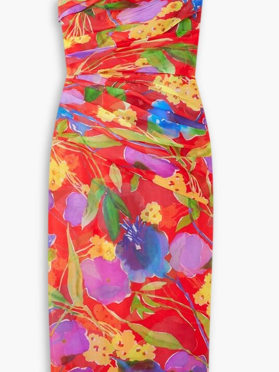 one-shoulder gathered floral-print silk-chiffon midi dress