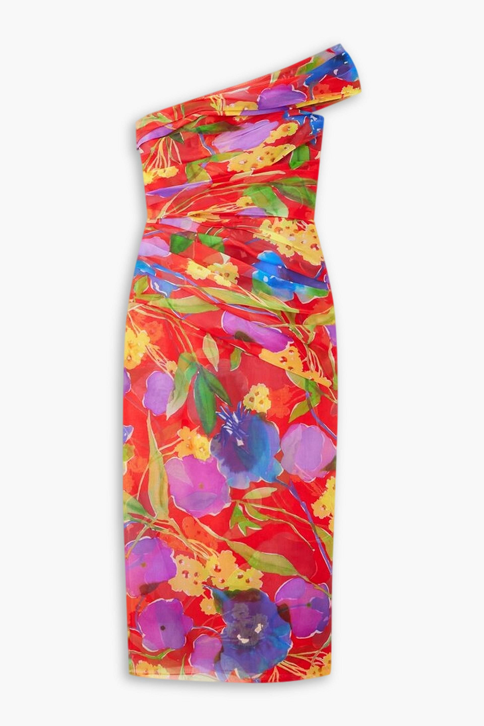 Carolina Herrera One-shoulder Gathered Floral-print Silk-chiffon Midi Dress In Red