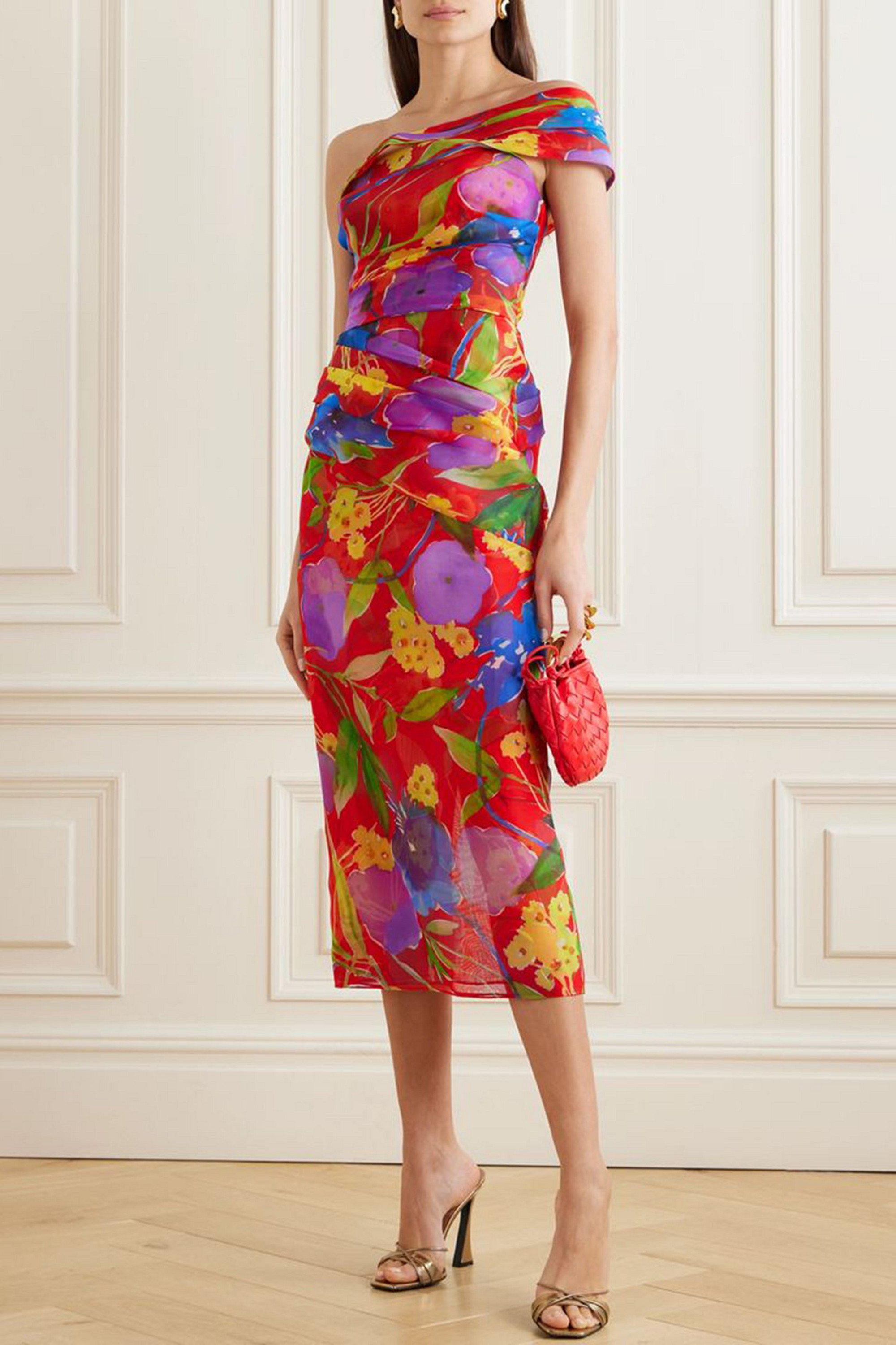 Carolina Herrera One-shoulder gathered floral-print silk-chiffon midi dress