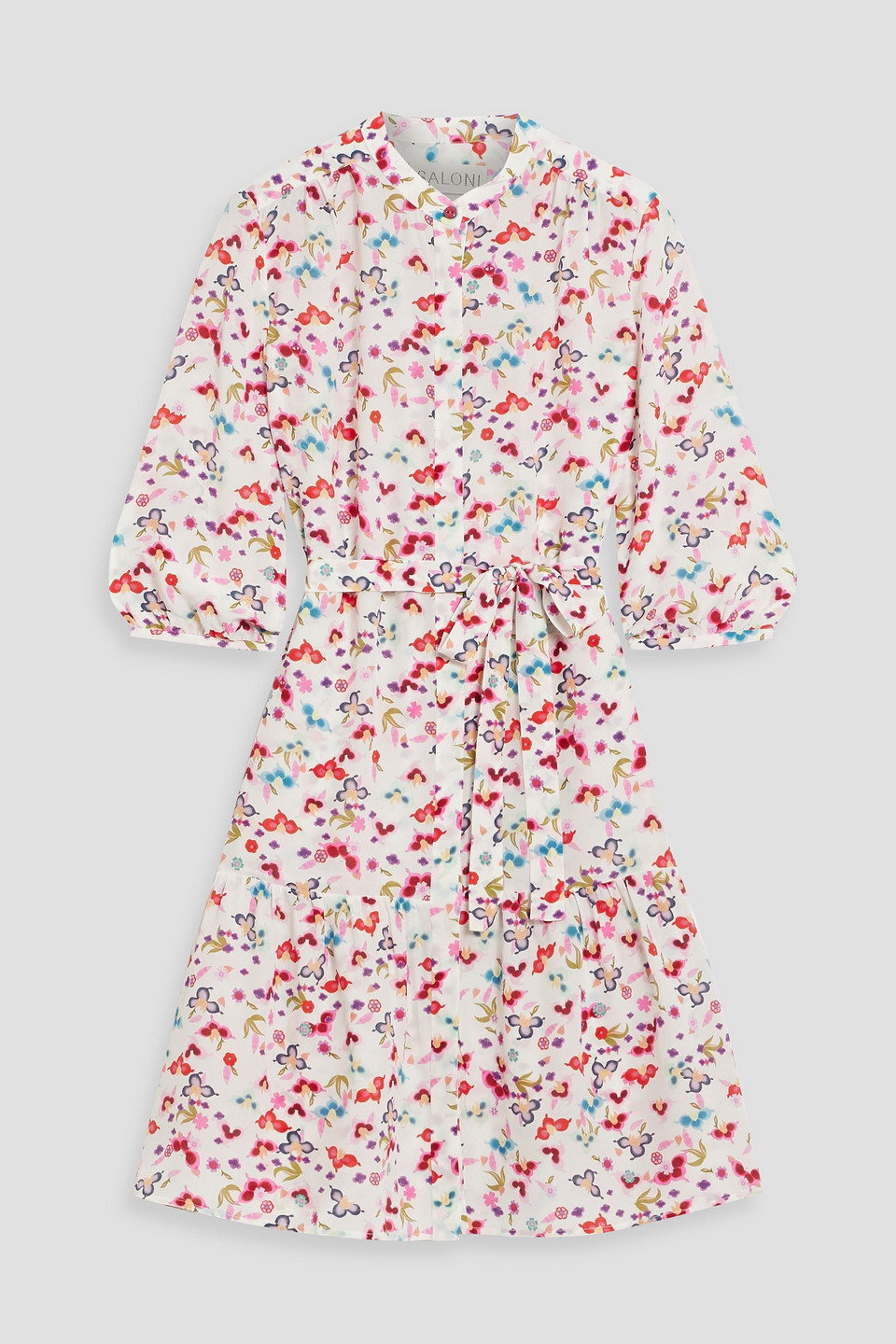 Saloni Tyra Belted Floral-print Silk Crepe De Chine Mini Dress In Ivory
