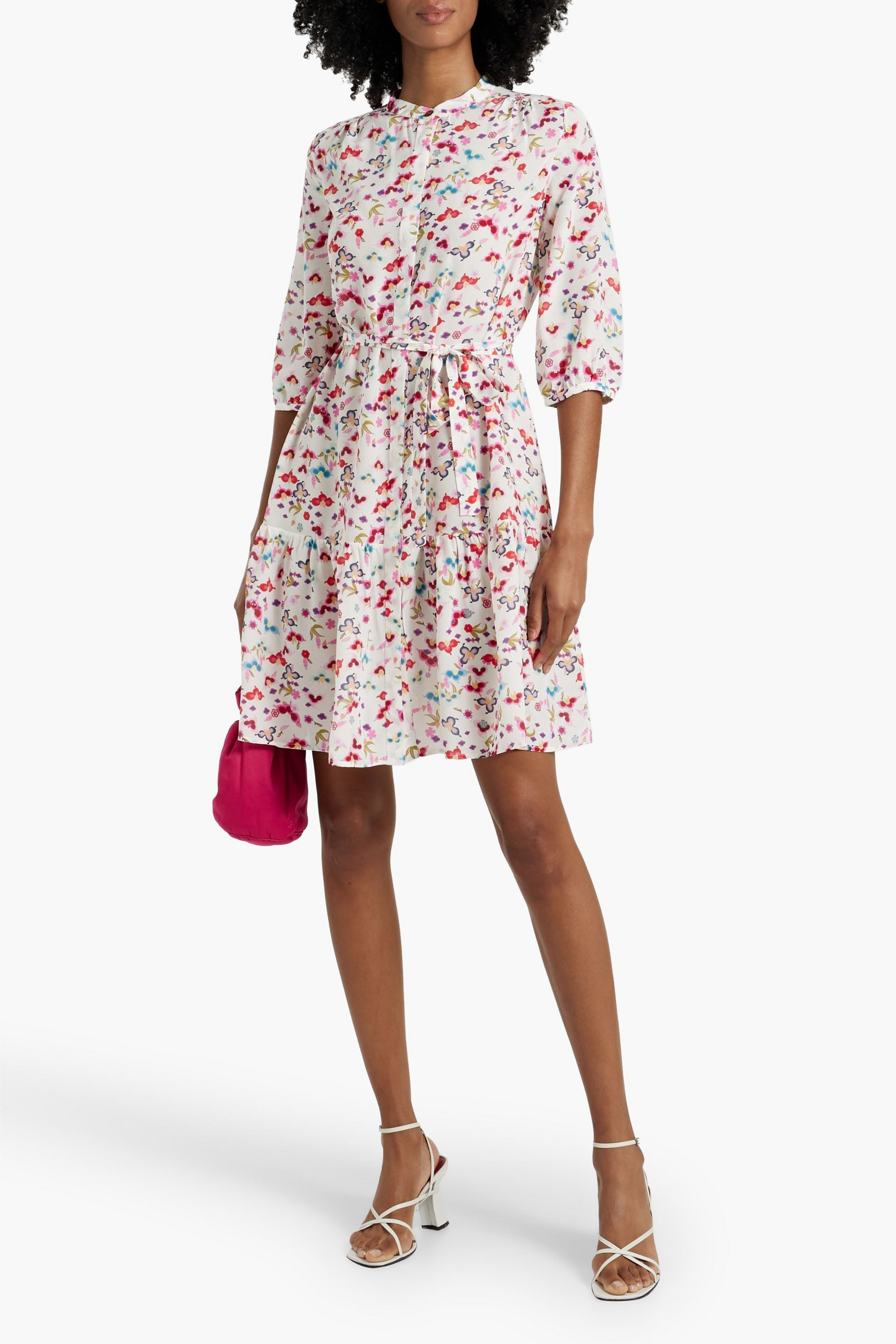 Saloni Tyra belted floral-print silk crepe de chine mini dress