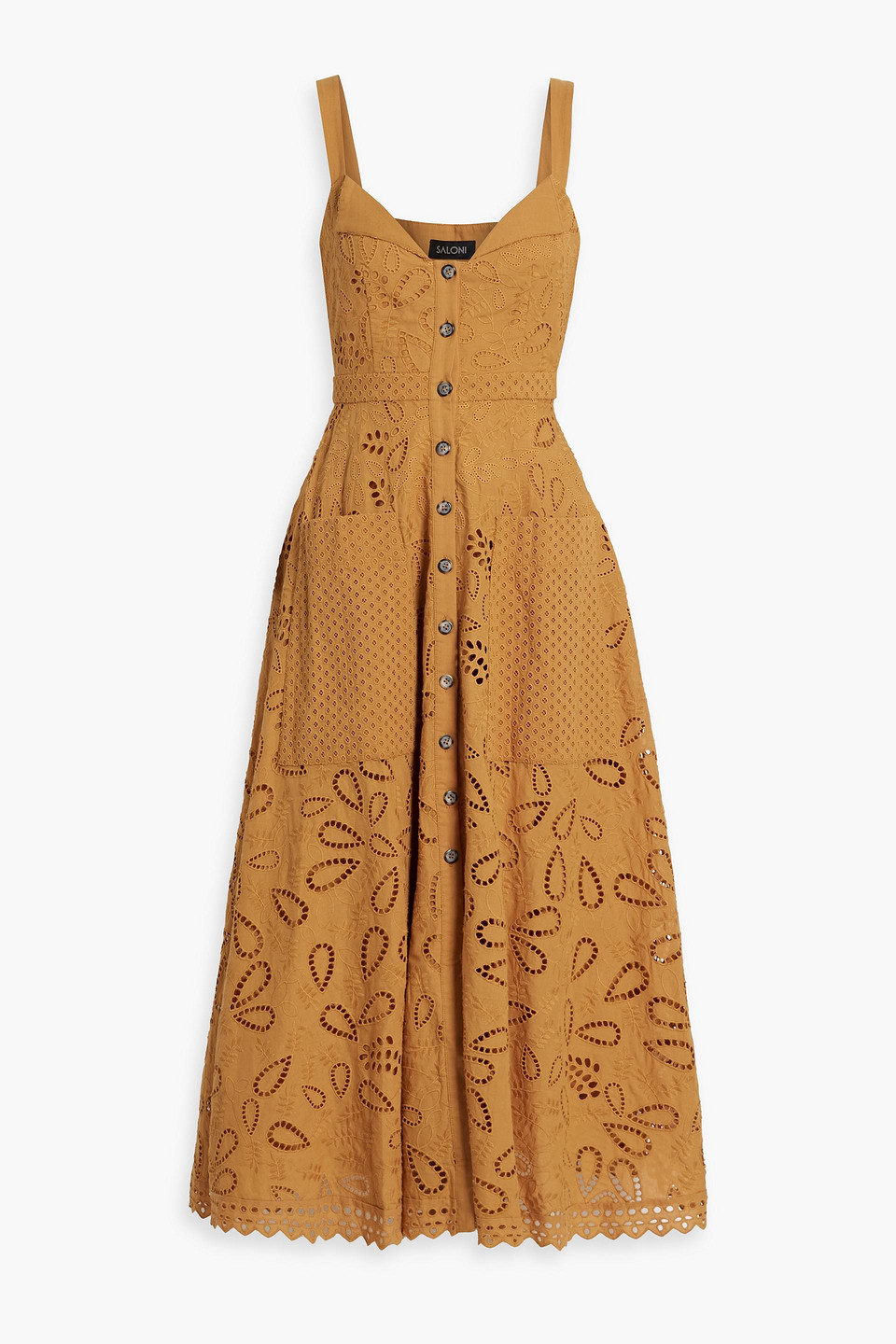 Saloni Fara Broderie Anglaise Cotton Midi Dress In Mustard