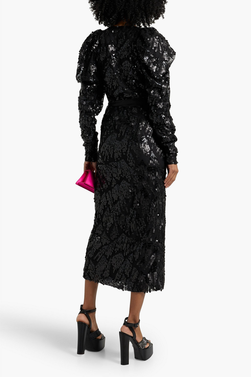 Rotate Birger Christensen Sequined Tulle Midi Wrap Dress In Black