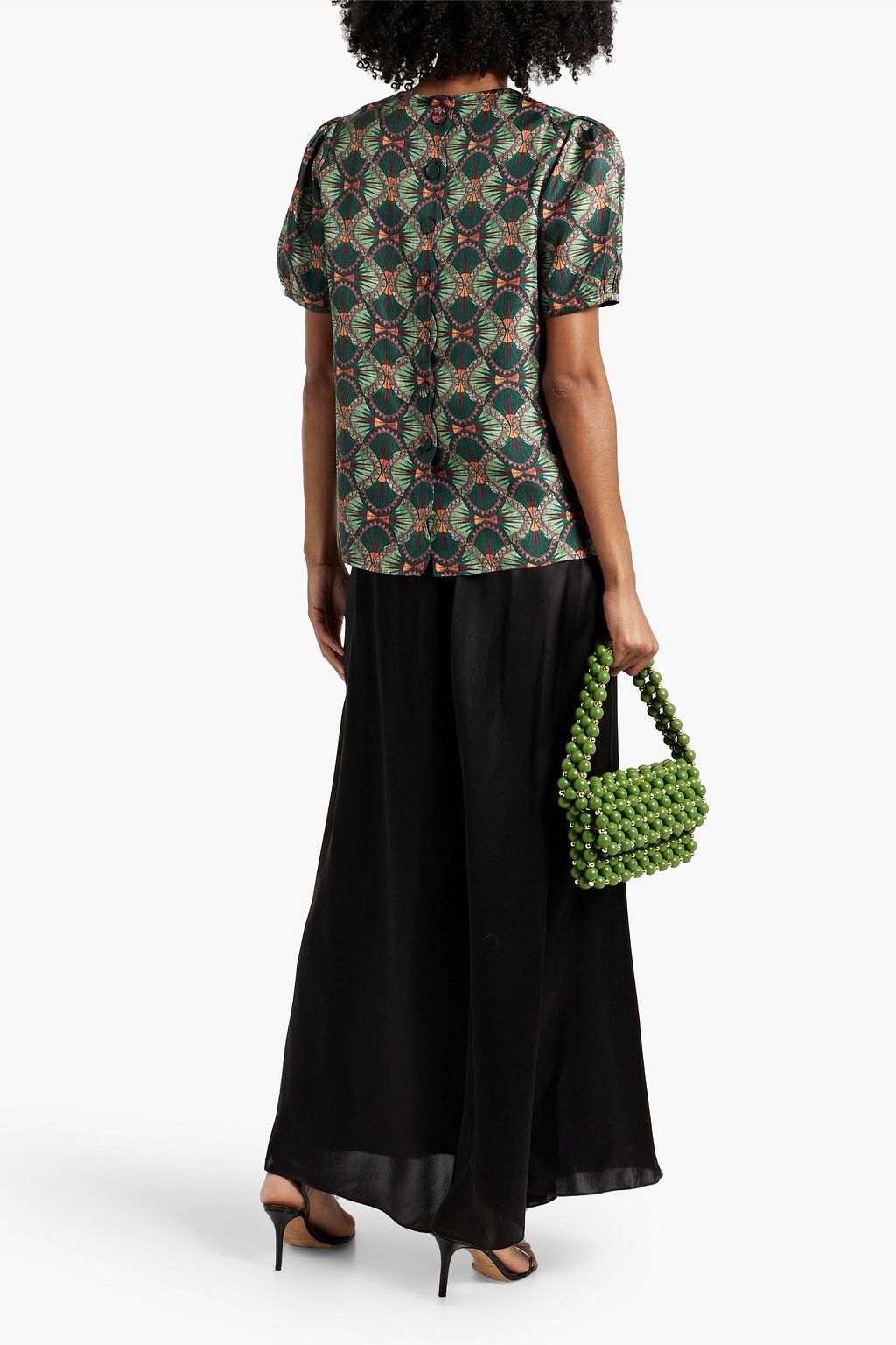 SALONI Marlowe poplin paneled printed silk-twill top