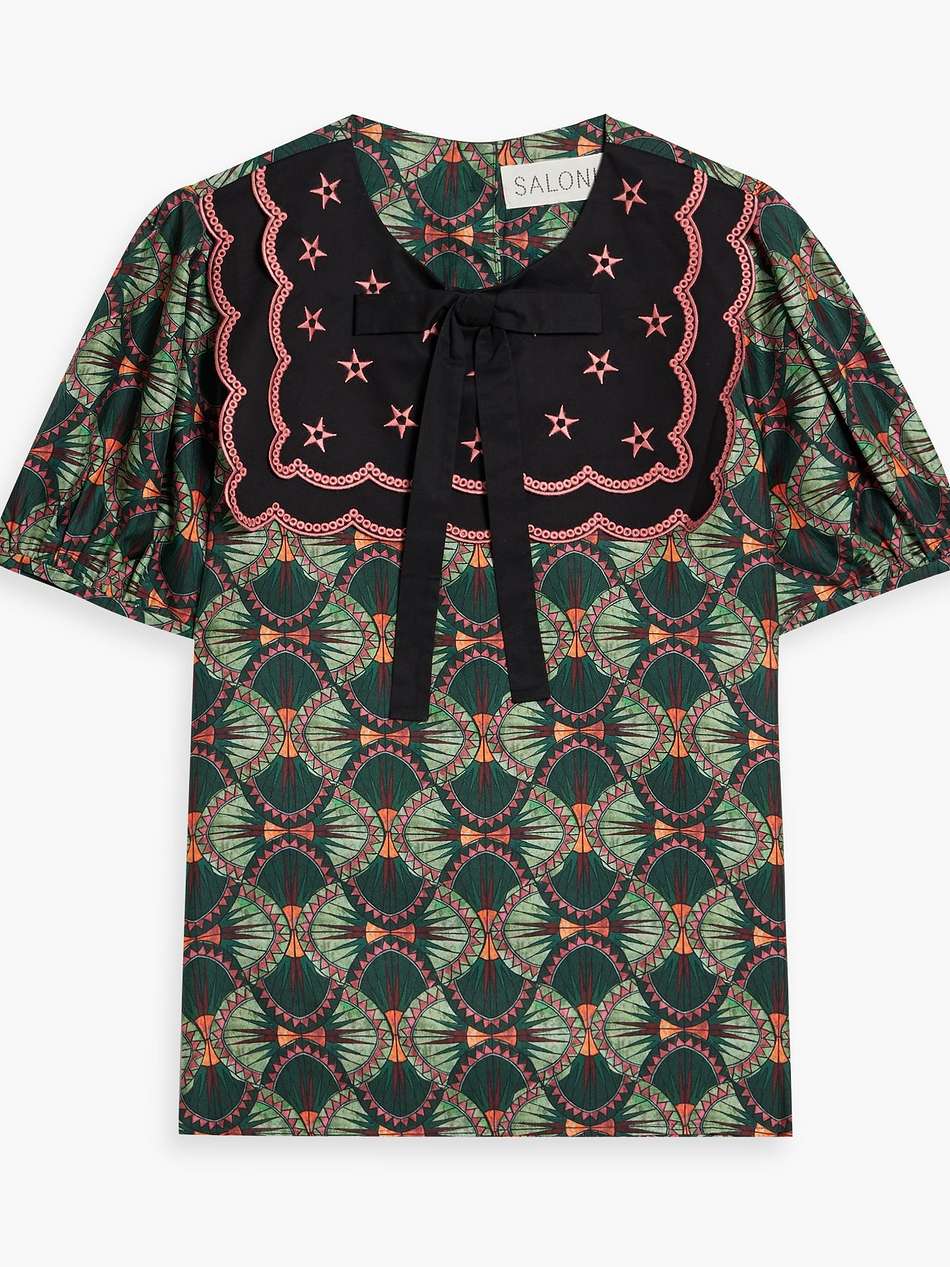 marlowe poplin paneled printed silk-twill top