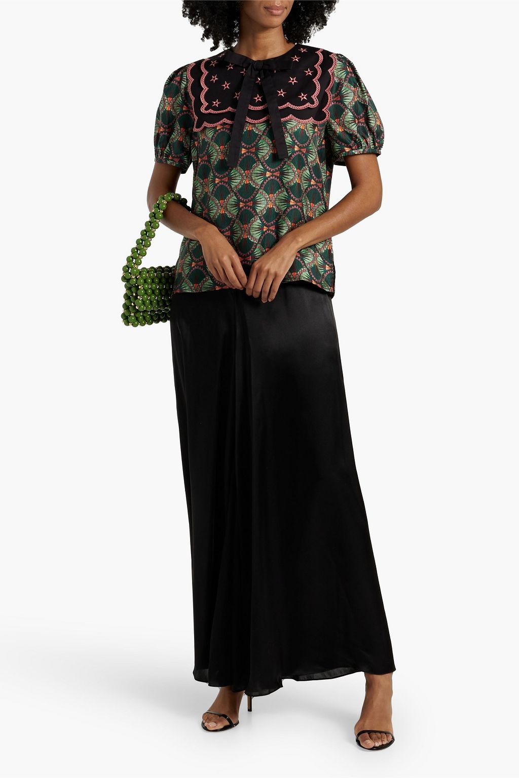 SALONI Marlowe poplin paneled printed silk-twill top