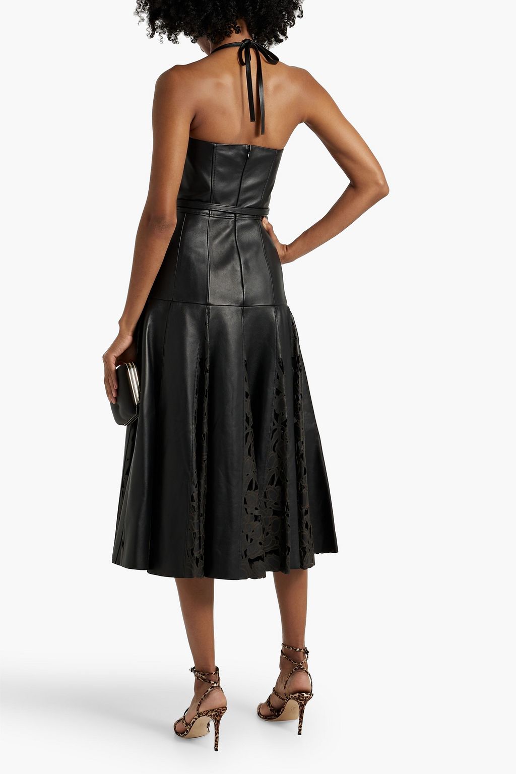 OSCAR DE LA RENTA Laser-cut leather halterneck midi dress