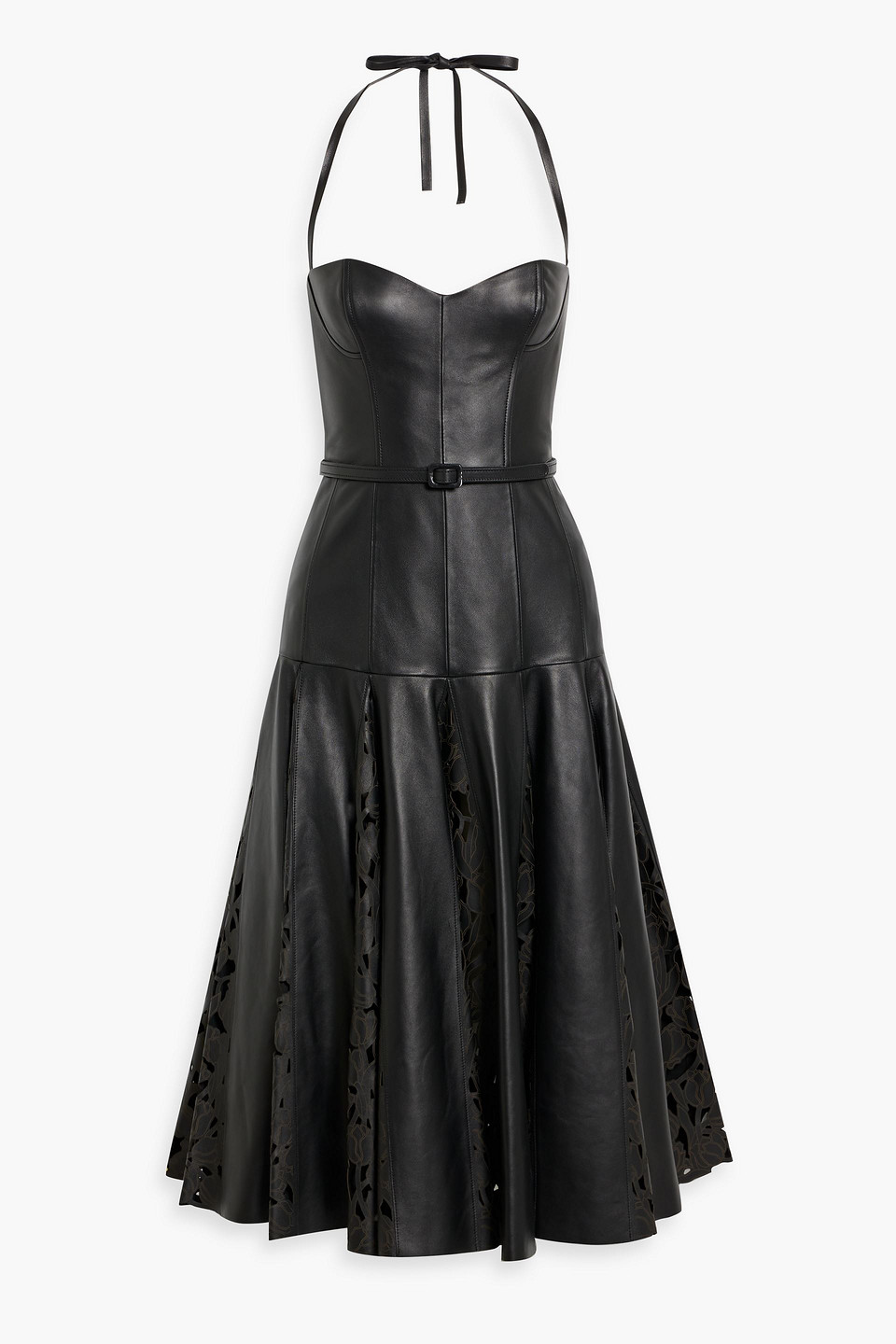 Oscar De La Renta Laser-cut Leather Halterneck Midi Dress In Black
