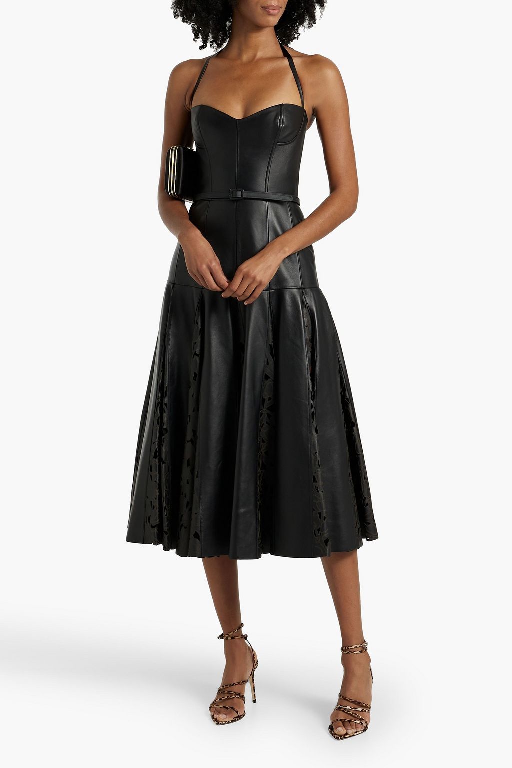 OSCAR DE LA RENTA Laser-cut leather halterneck midi dress