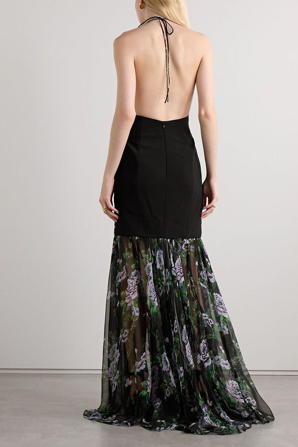 Carolina Herrera Floral-print Cutout Ruched Chiffon Halter Gown In Black