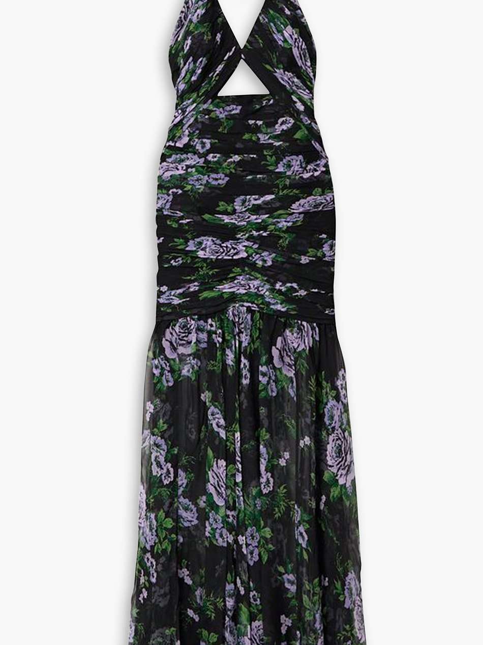 cutout ruched floral-print silk-georgette halterneck gown