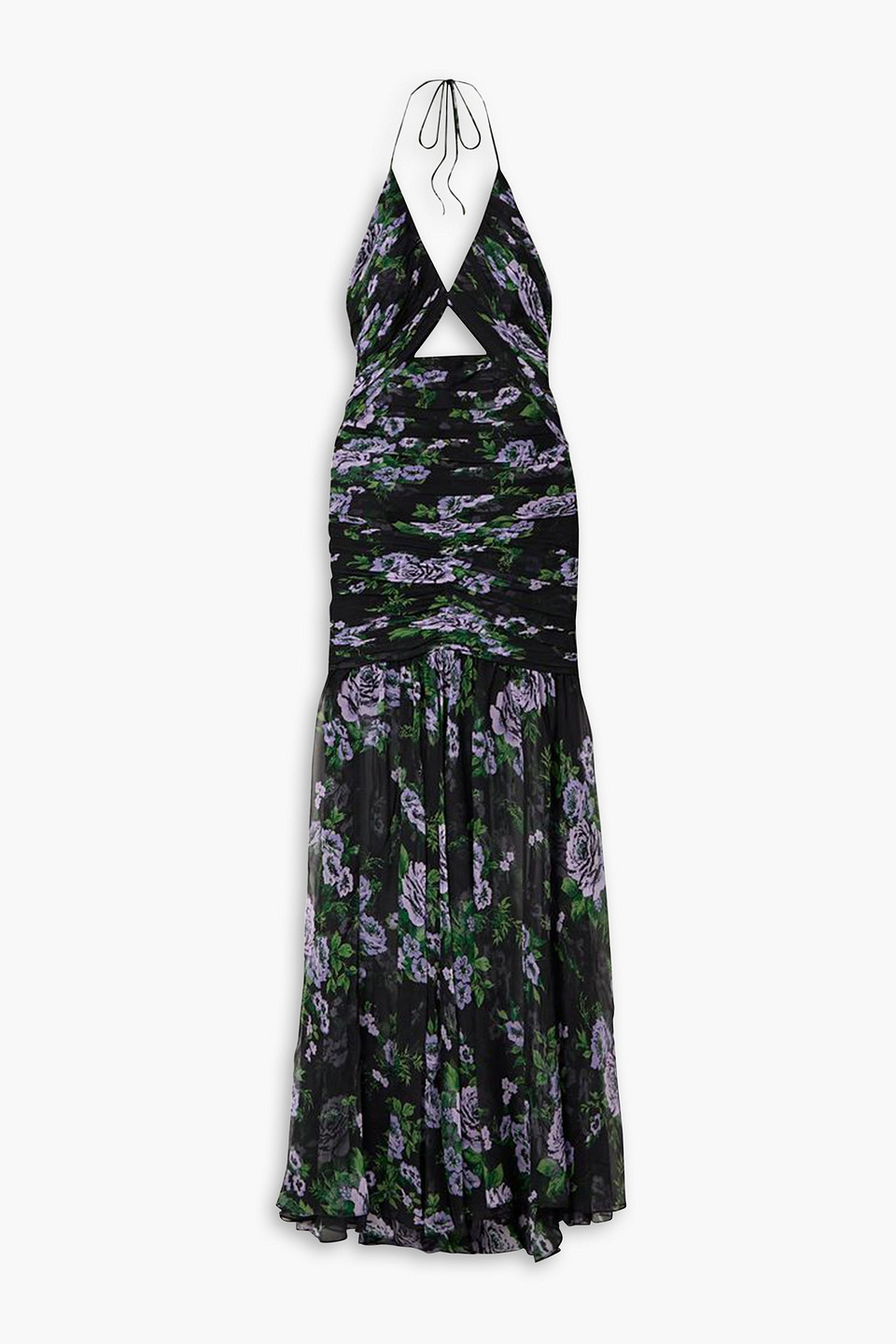 Carolina Herrera Floral-print Cutout Ruched Chiffon Halter Gown In Black