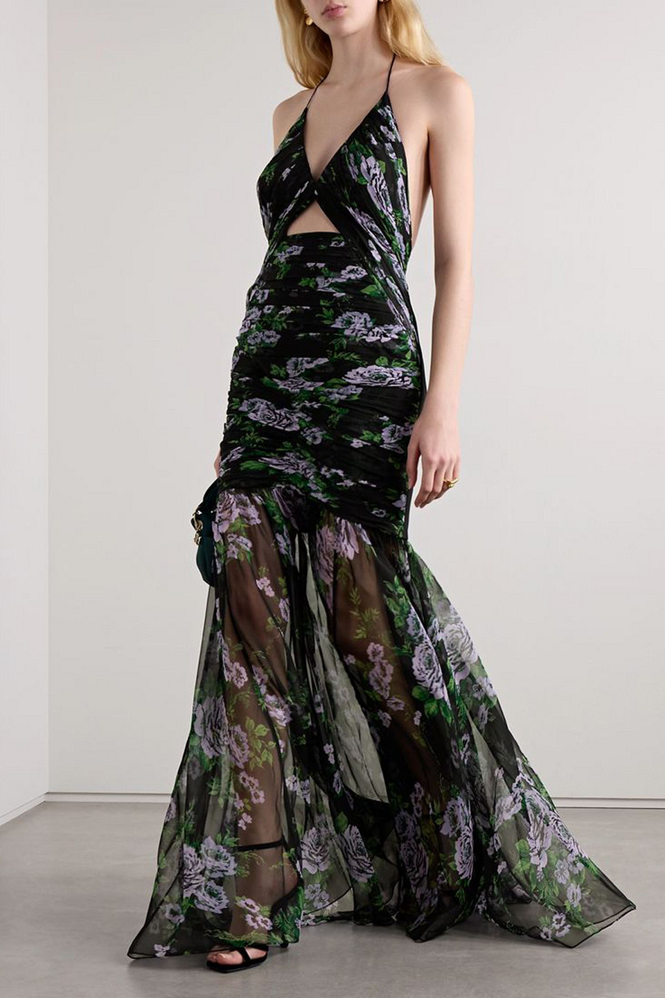 Carolina Herrera Floral-print Cutout Ruched Chiffon Halter Gown In Black