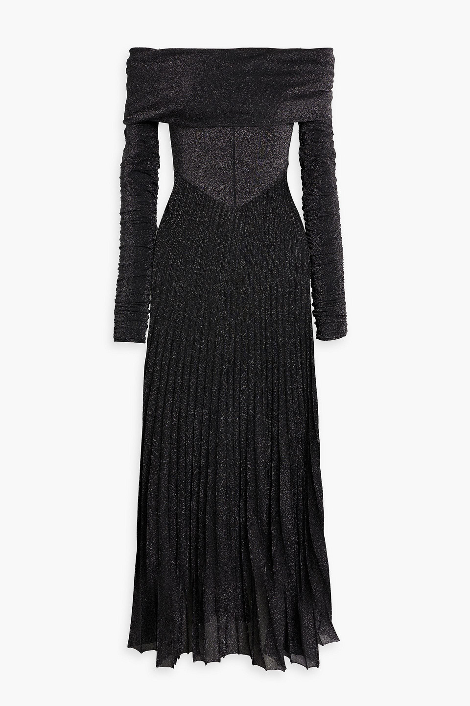 Khaite Rebecca Off-the-shoulder Metallic Stretch-knit Maxi Dress In Gunmetal