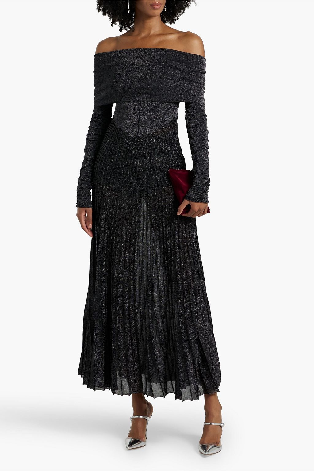 KHAITE Rebecca off-the-shoulder metallic stretch-knit maxi dress