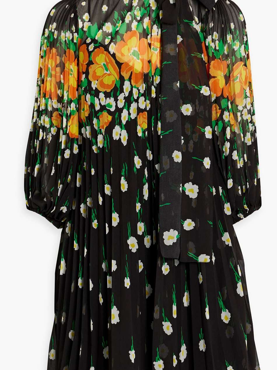 pussy-bow floral-print plissé-chiffon mini dress