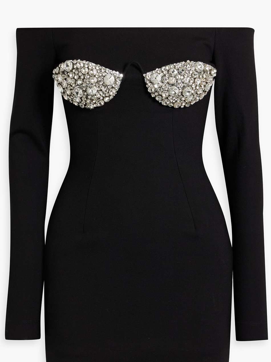off-the-shoulder crystal-embellished ponte mini dress