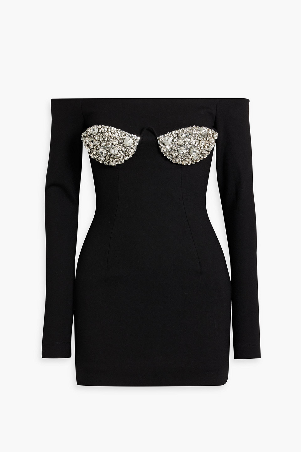 Area Off-the-shoulder Crystal-embellished Ponte Mini Dress In Black