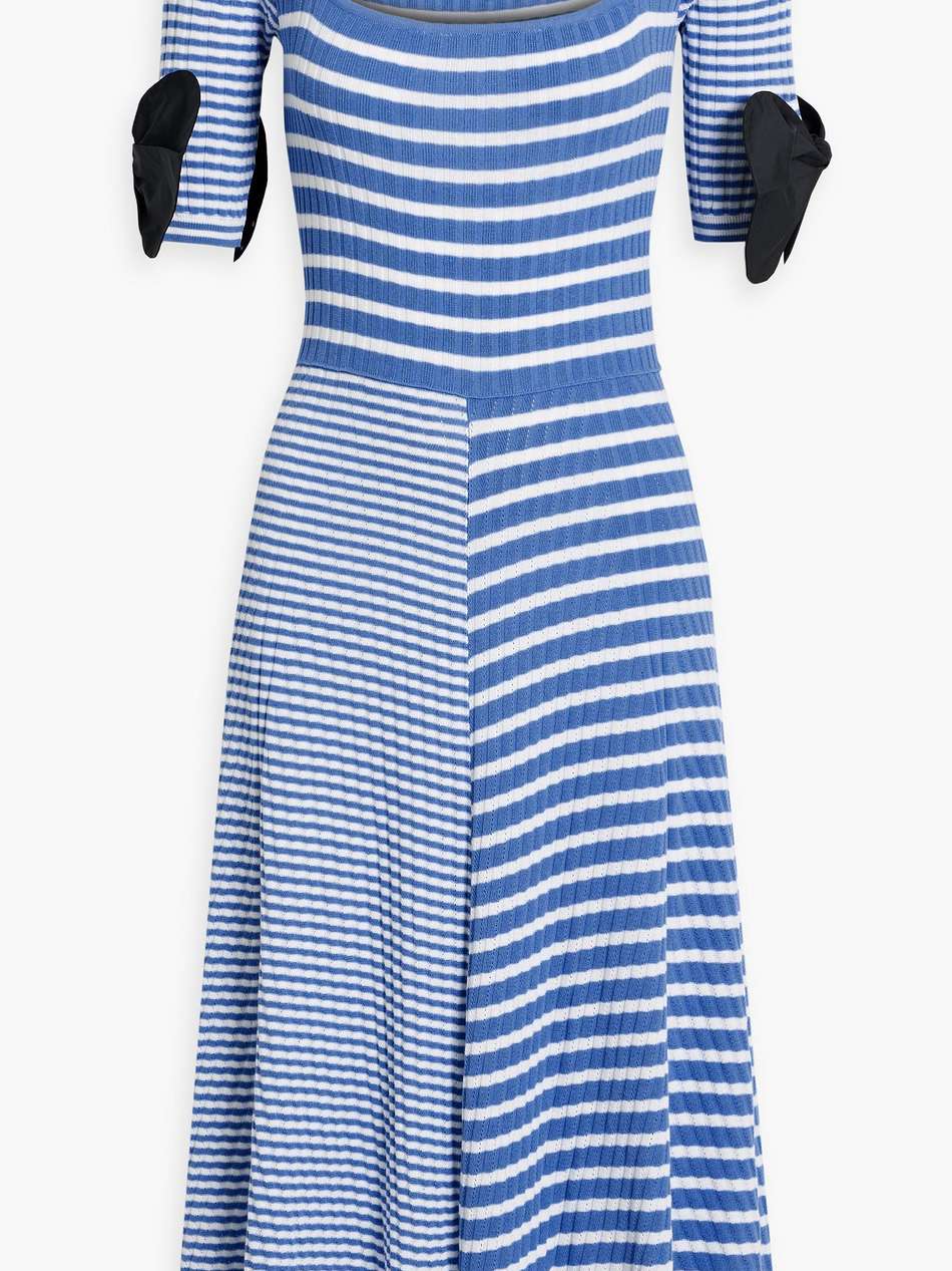 striped ribbed and pointelle-knit cotton midi dress