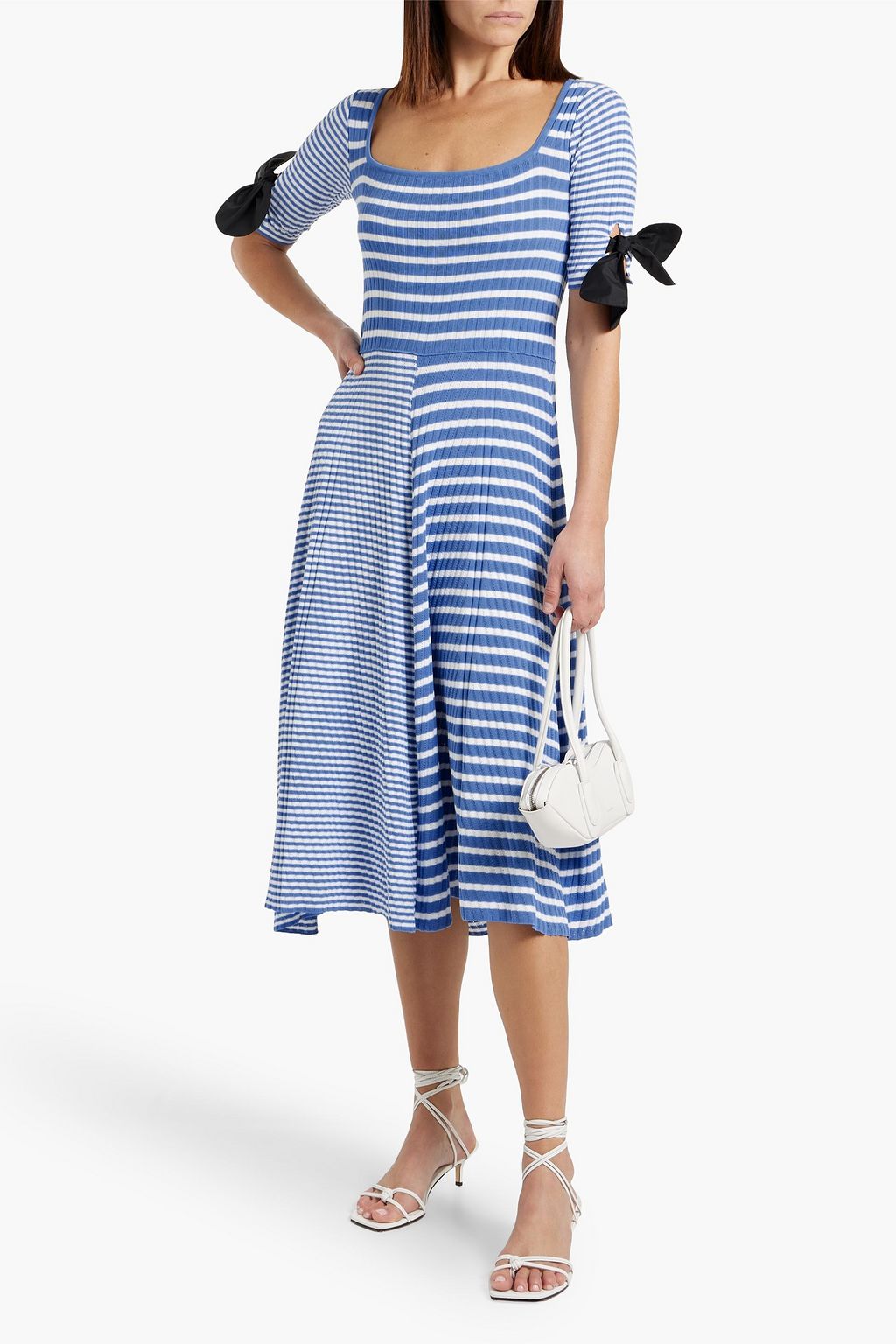 REDVALENTINO Striped ribbed and pointelle-knit cotton midi dress