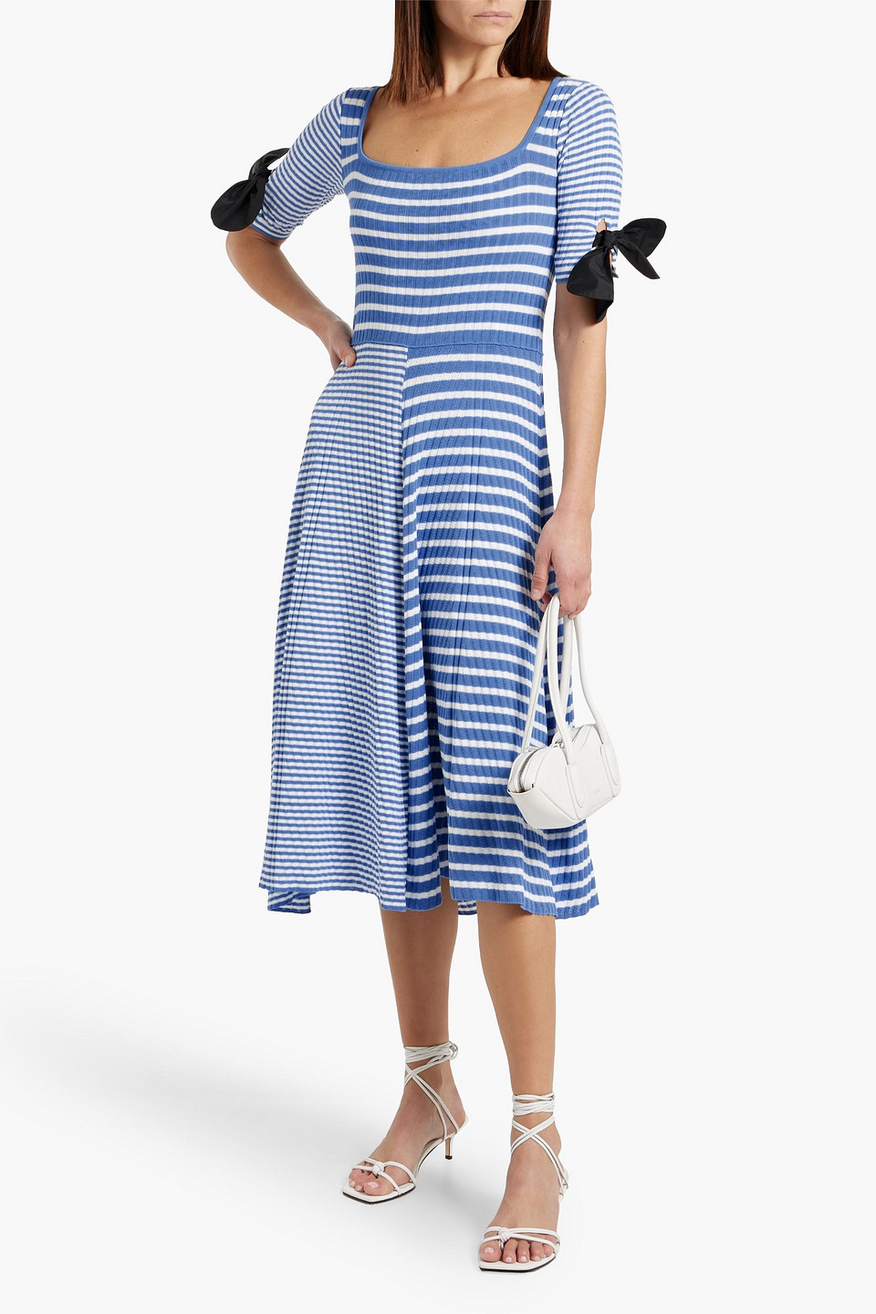 Red Valentino Striped Ribbed And Pointelle-knit Cotton Midi Dress In Blue